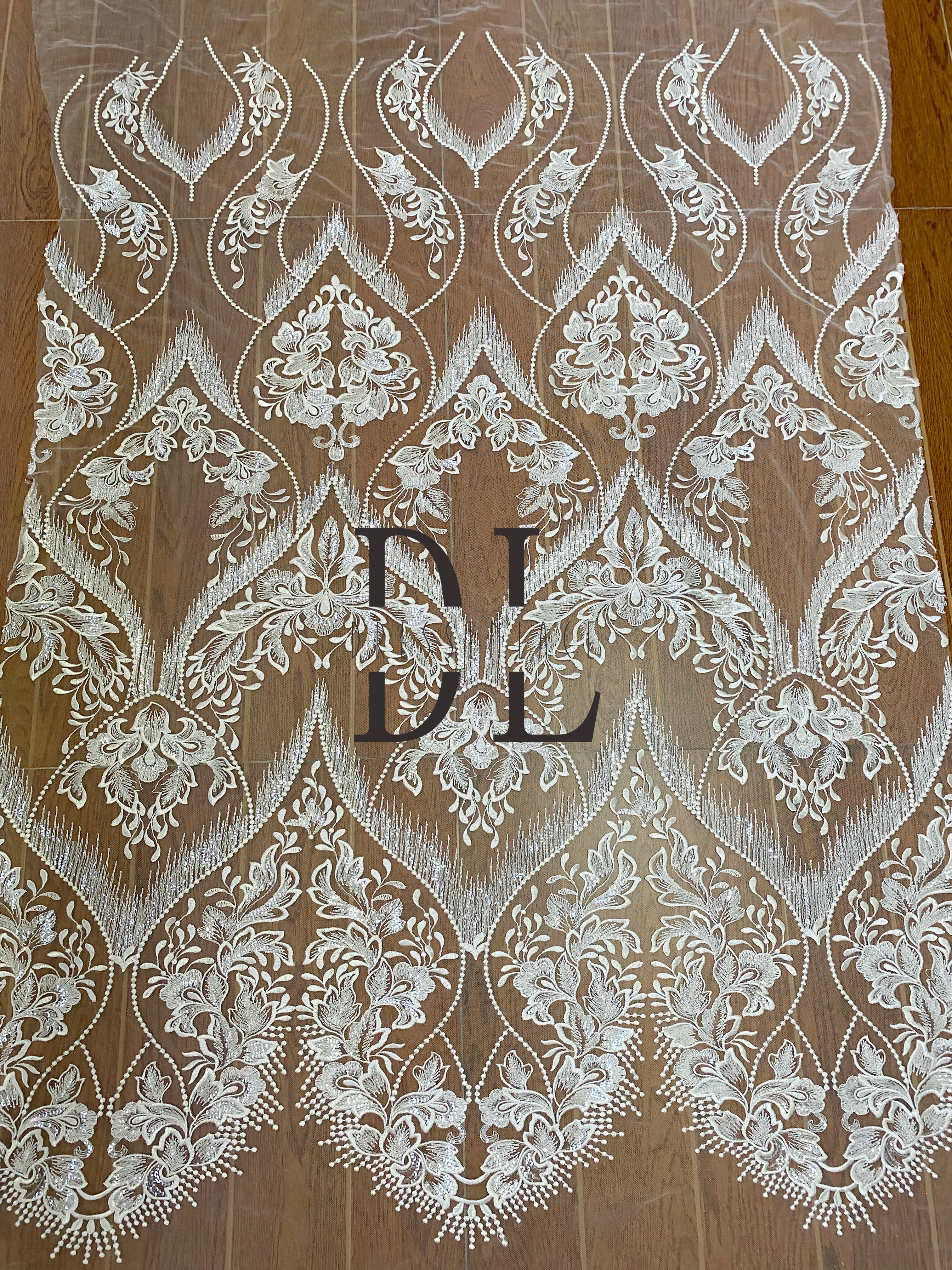 DL130135 Embroidery Lace Fabric for Bridal Wedding Dresses – Shiny Transparent with Soft, Skin-Friendly Mesh DL130135