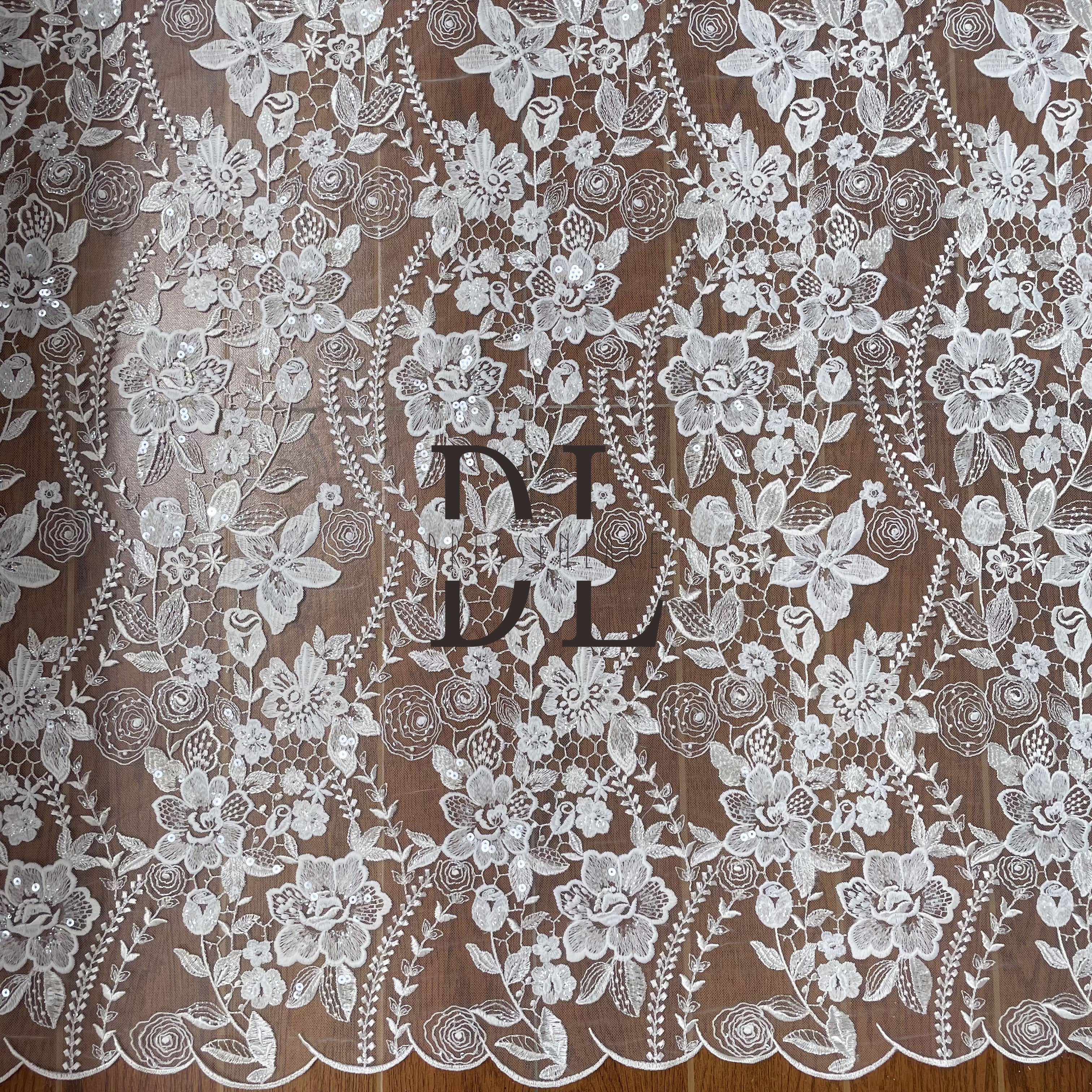 DL130159 Good quality Embroidered rose pattern Lace Fabric with shiny sequins for Bridal Dresses – Soft, Skin-Friendly Texture