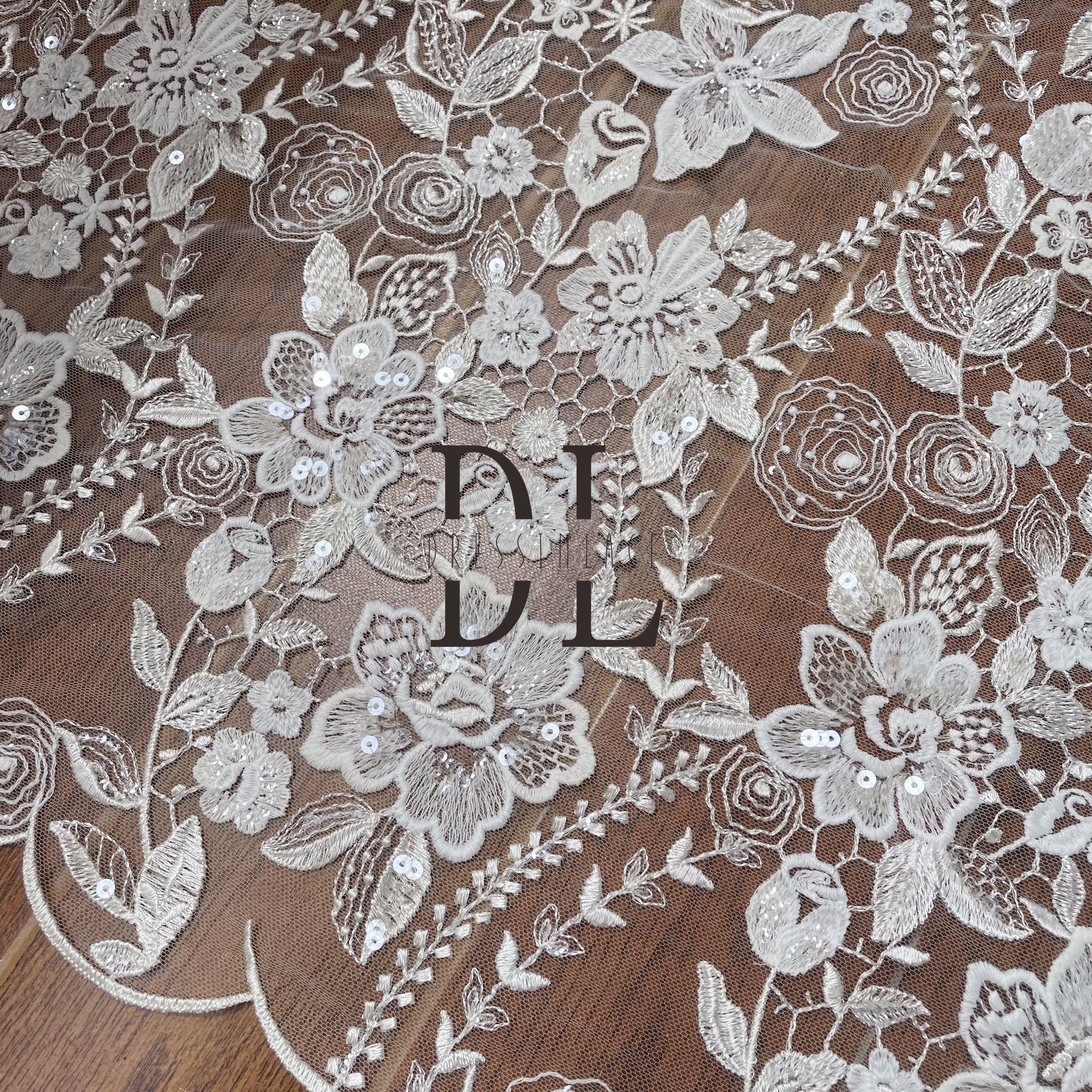 DL130159 Good quality Embroidered rose pattern Lace Fabric with shiny sequins for Bridal Dresses – Soft, Skin-Friendly Texture