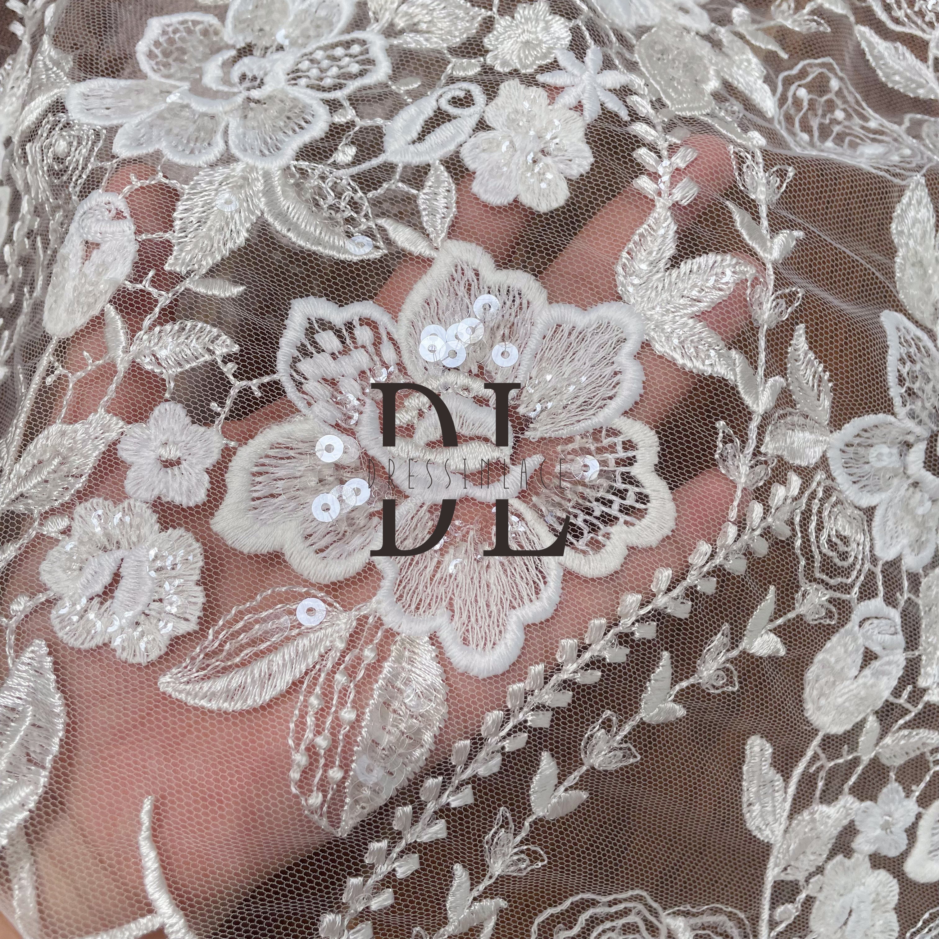 DL130159 Good quality Embroidered rose pattern Lace Fabric with shiny sequins for Bridal Dresses – Soft, Skin-Friendly Texture