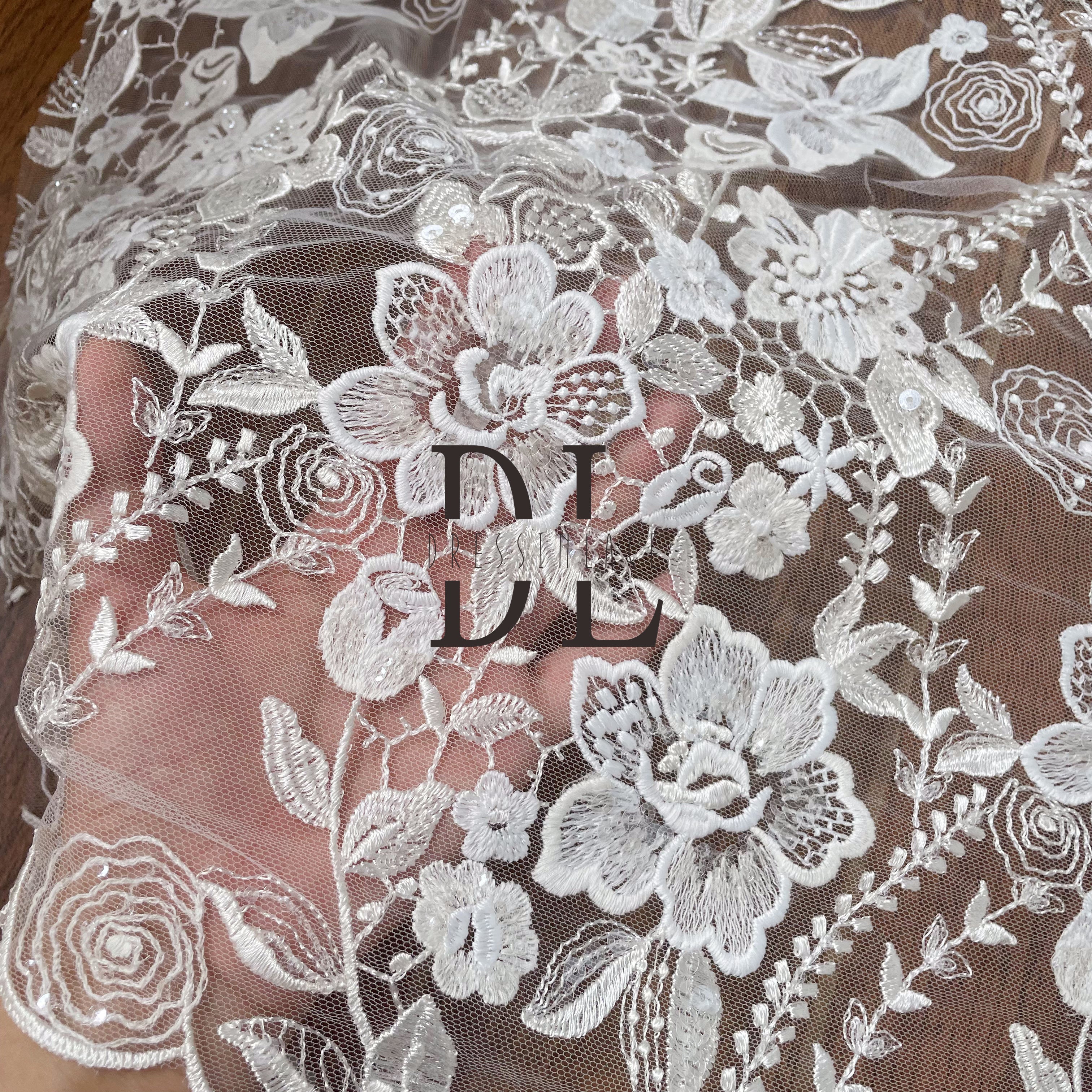 DL130159 Good quality Embroidered rose pattern Lace Fabric with shiny sequins for Bridal Dresses – Soft, Skin-Friendly Texture