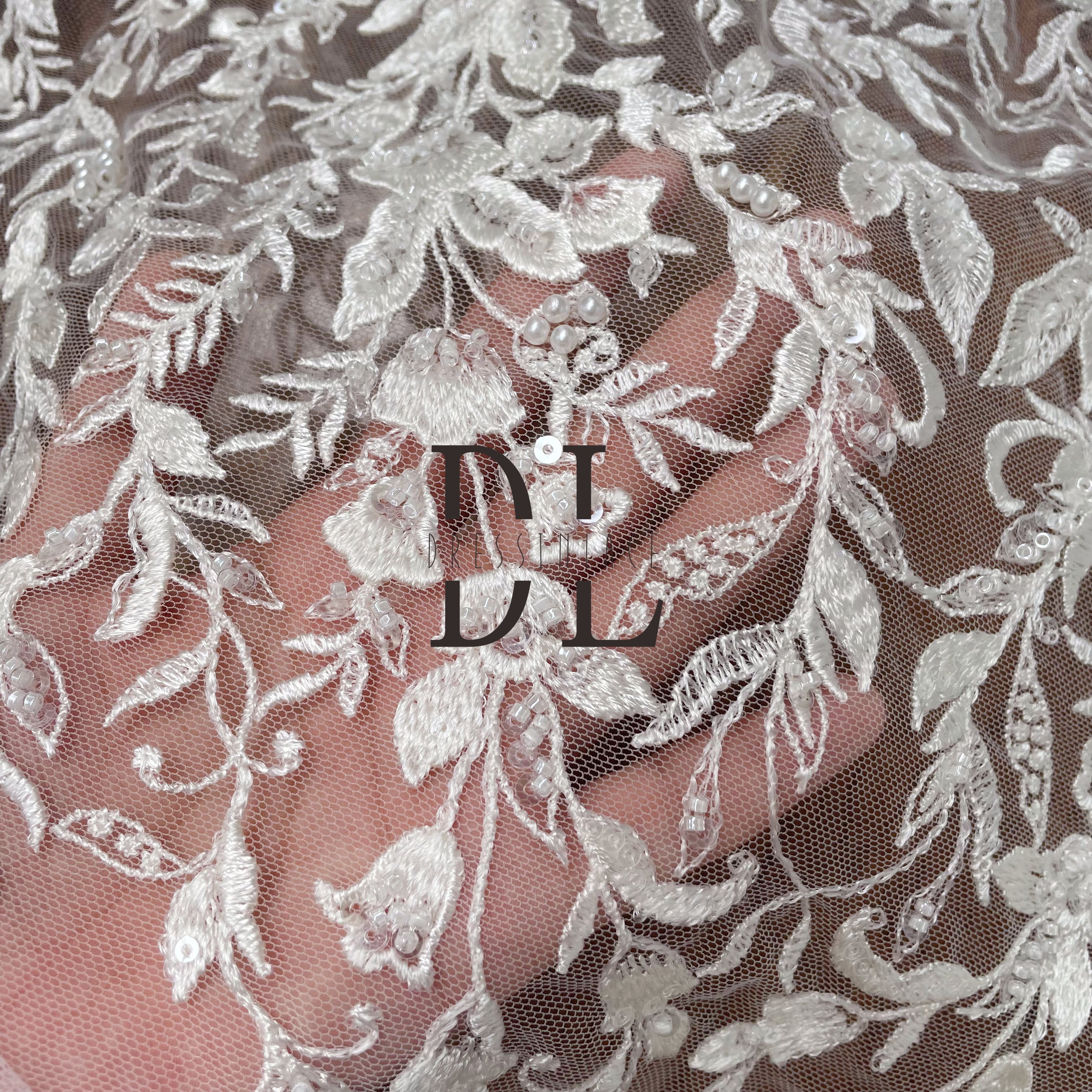 DL130160 Beaded and Sequins Embroidery Lace Fabric - Exquisite Design for bride gowns