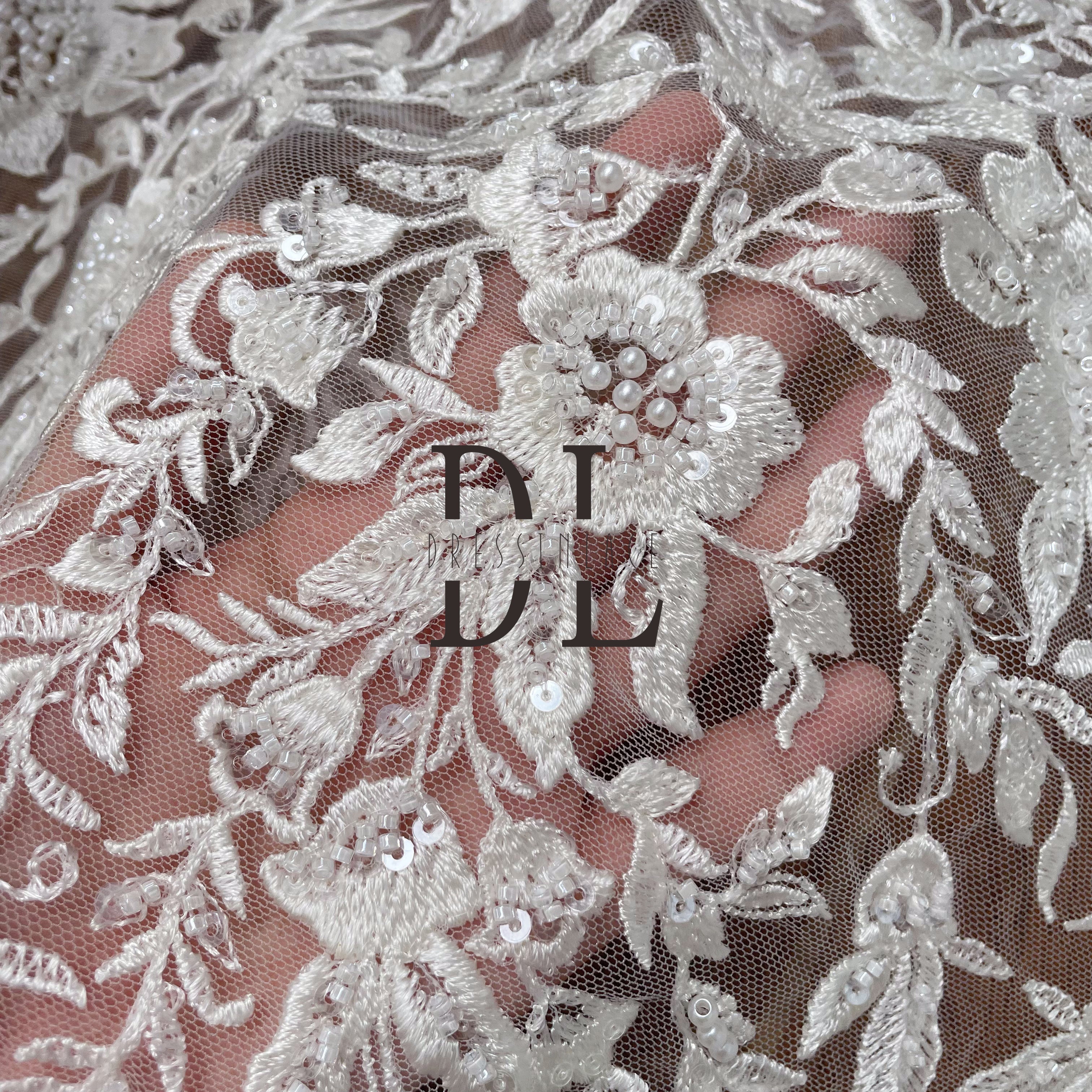 DL130160 Beaded and Sequins Embroidery Lace Fabric - Exquisite Design for bride gowns