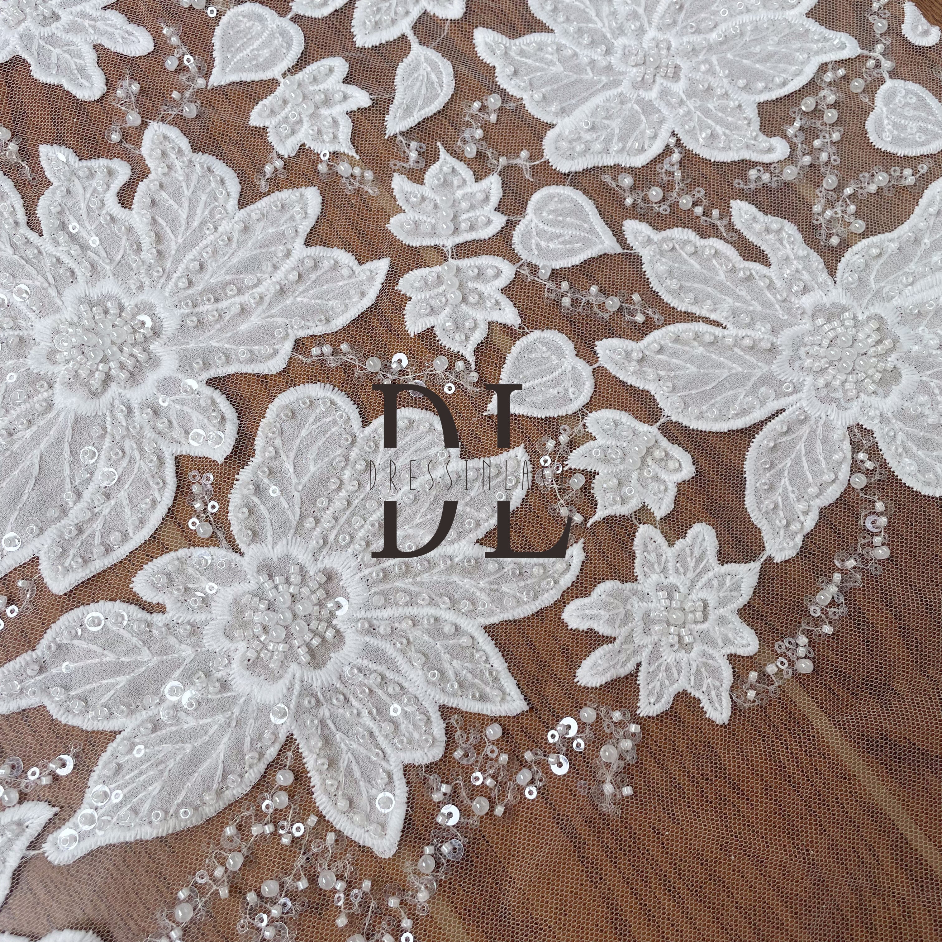 DL130161 Perline e paillettes fiori di raso abiti da sposa Tessuto Pizzo squisito 