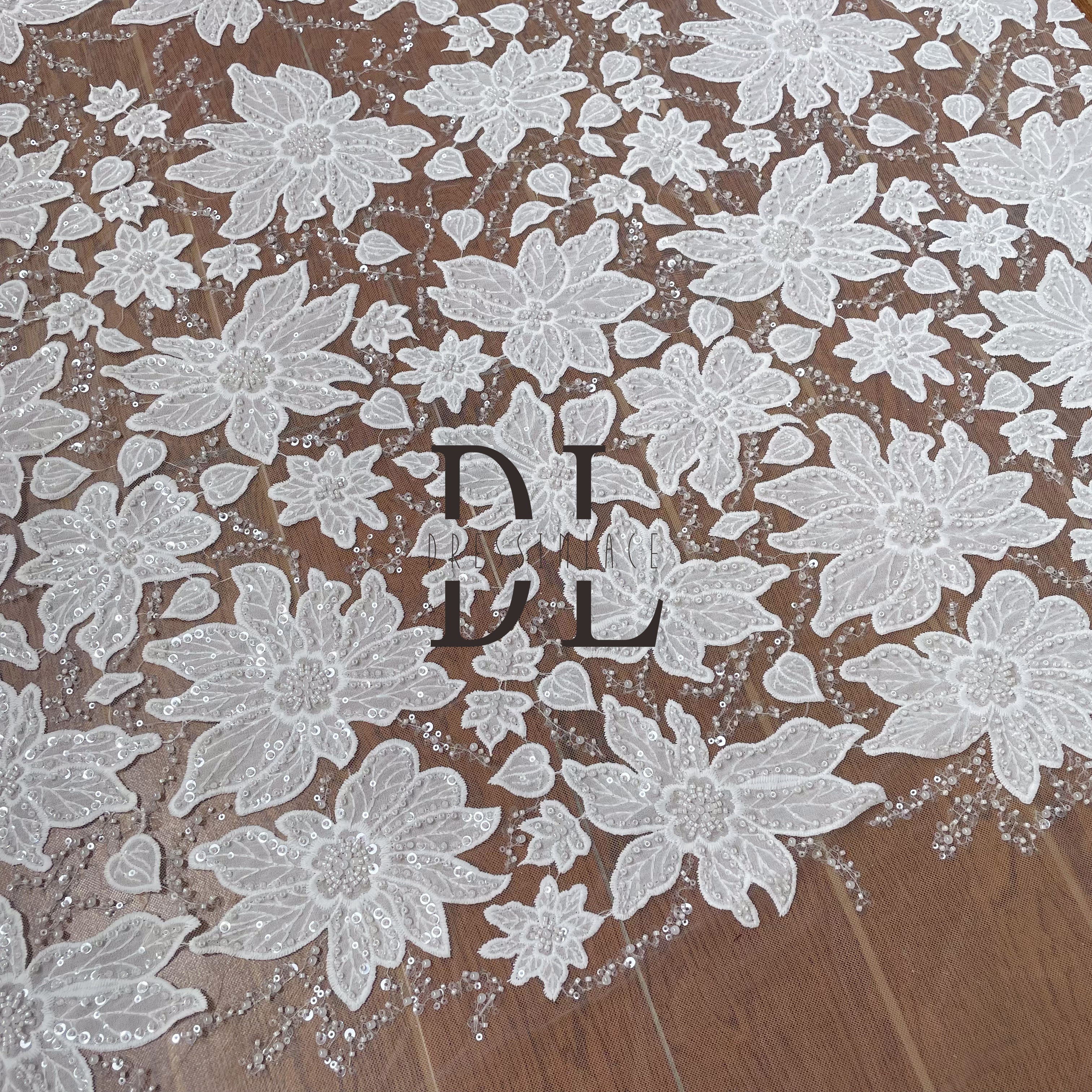 DL130161 Perline e paillettes fiori di raso abiti da sposa Tessuto Pizzo squisito 