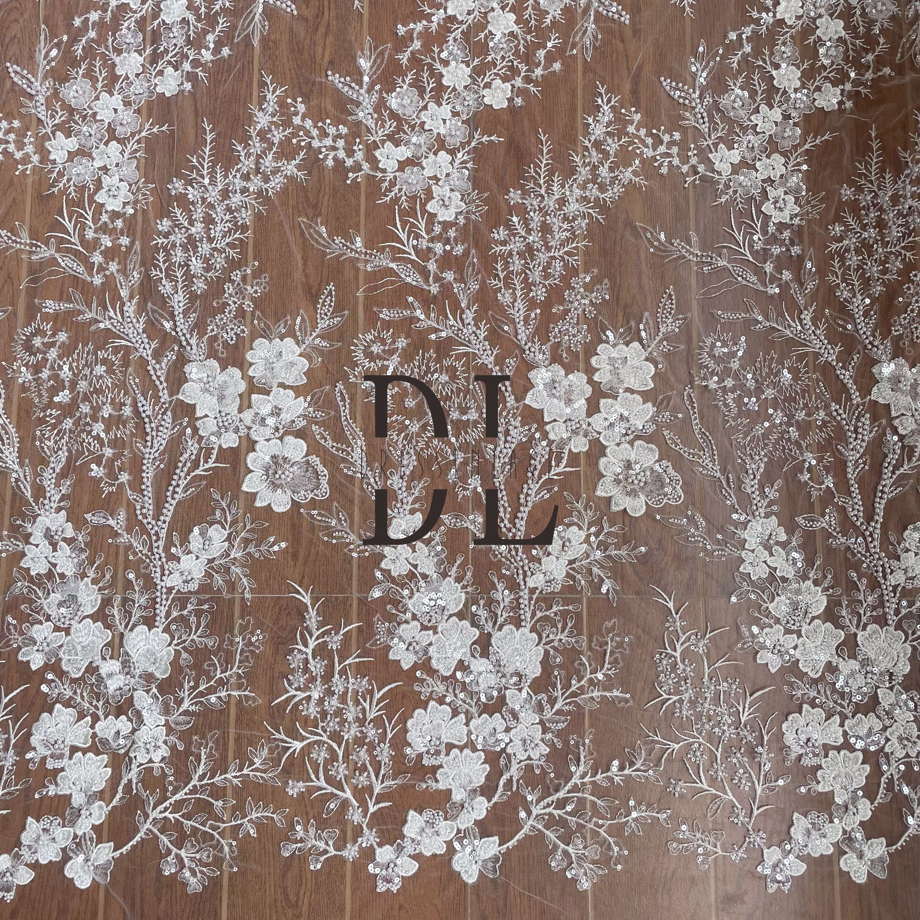 DL130162 Beaded and Sequins Embroidery Lace Fabric with small flowers- Exquisite fabrics for bride gowns