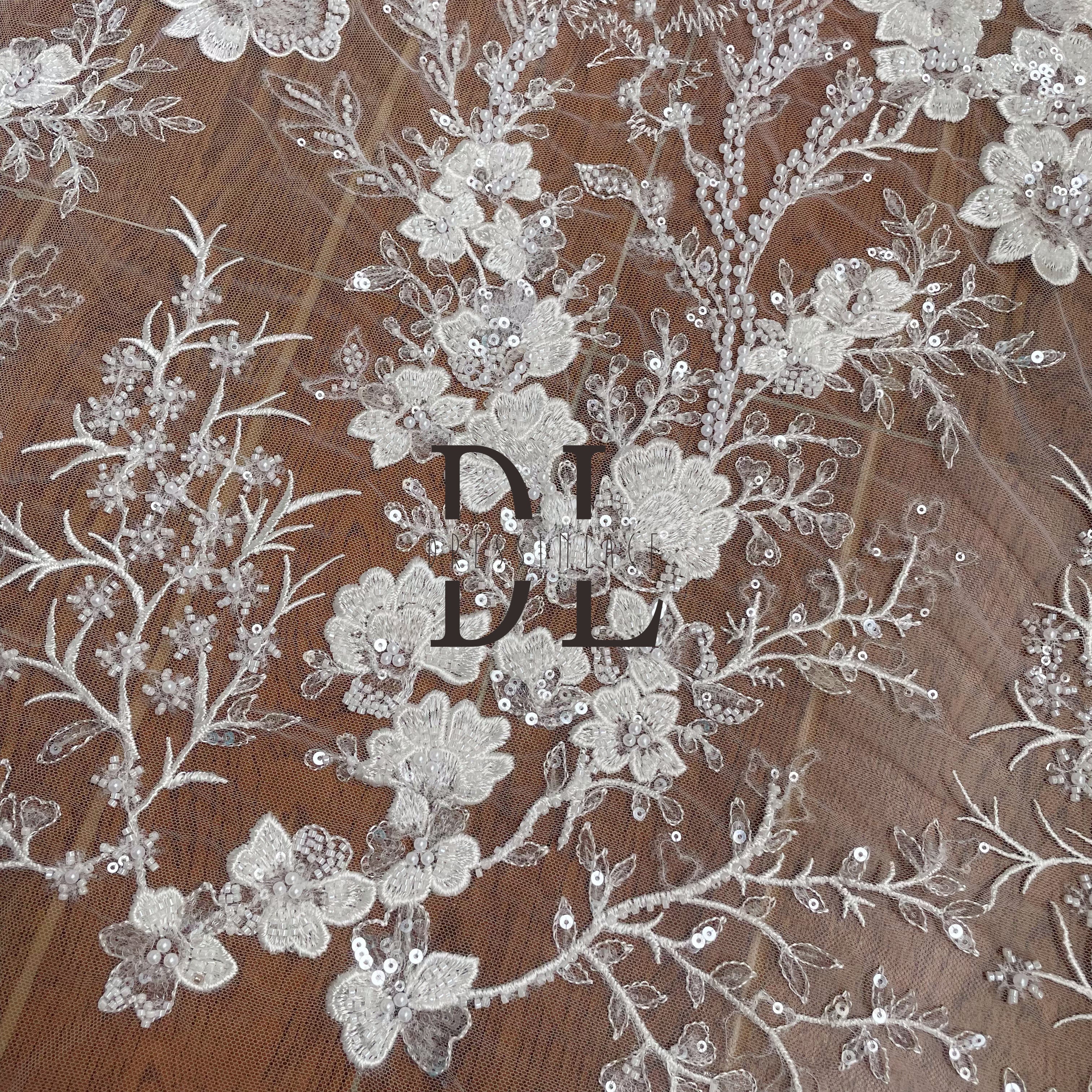 DL130162 Beaded and Sequins Embroidery Lace Fabric with small flowers- Exquisite fabrics for bride gowns