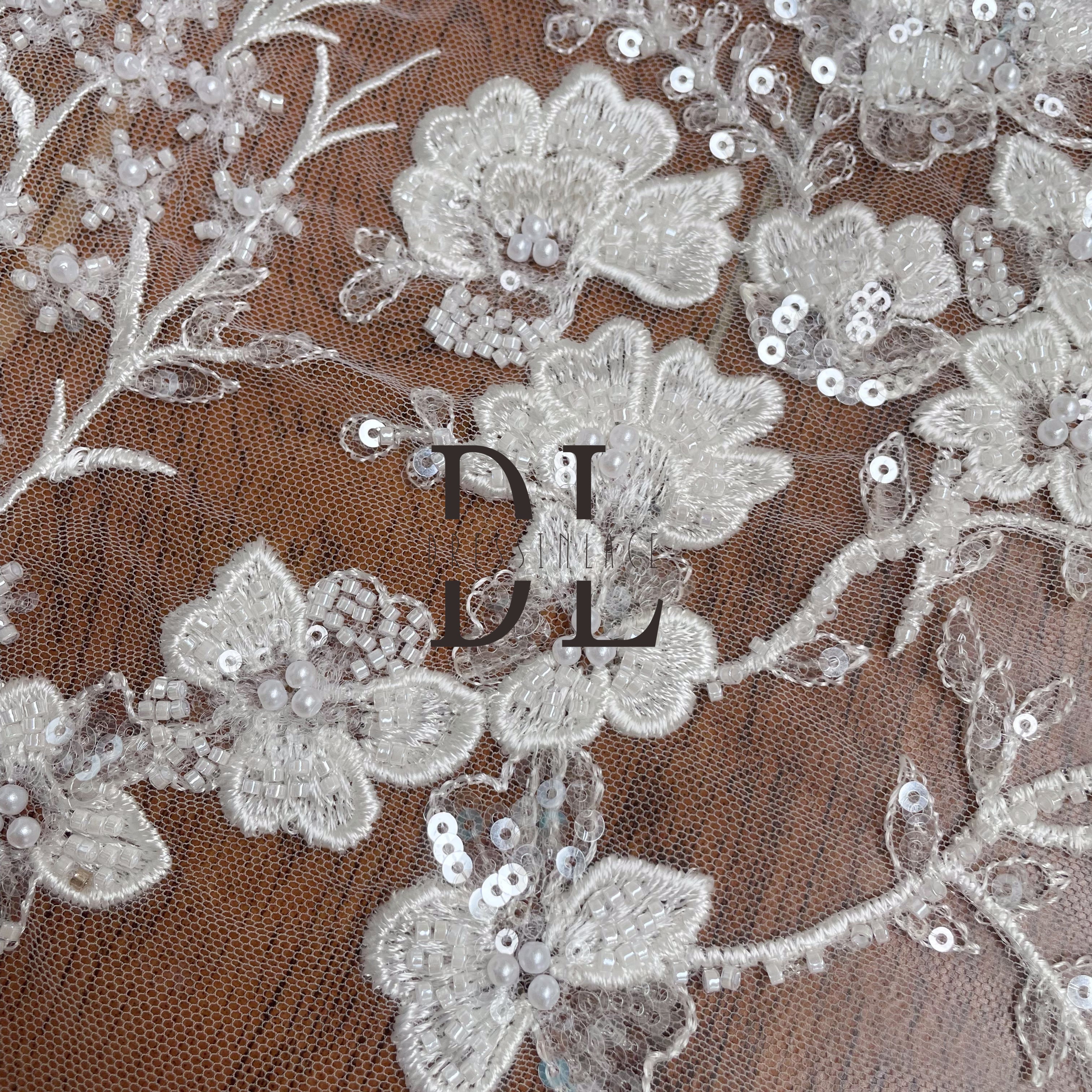 DL130162 Beaded and Sequins Embroidery Lace Fabric with small flowers- Exquisite fabrics for bride gowns