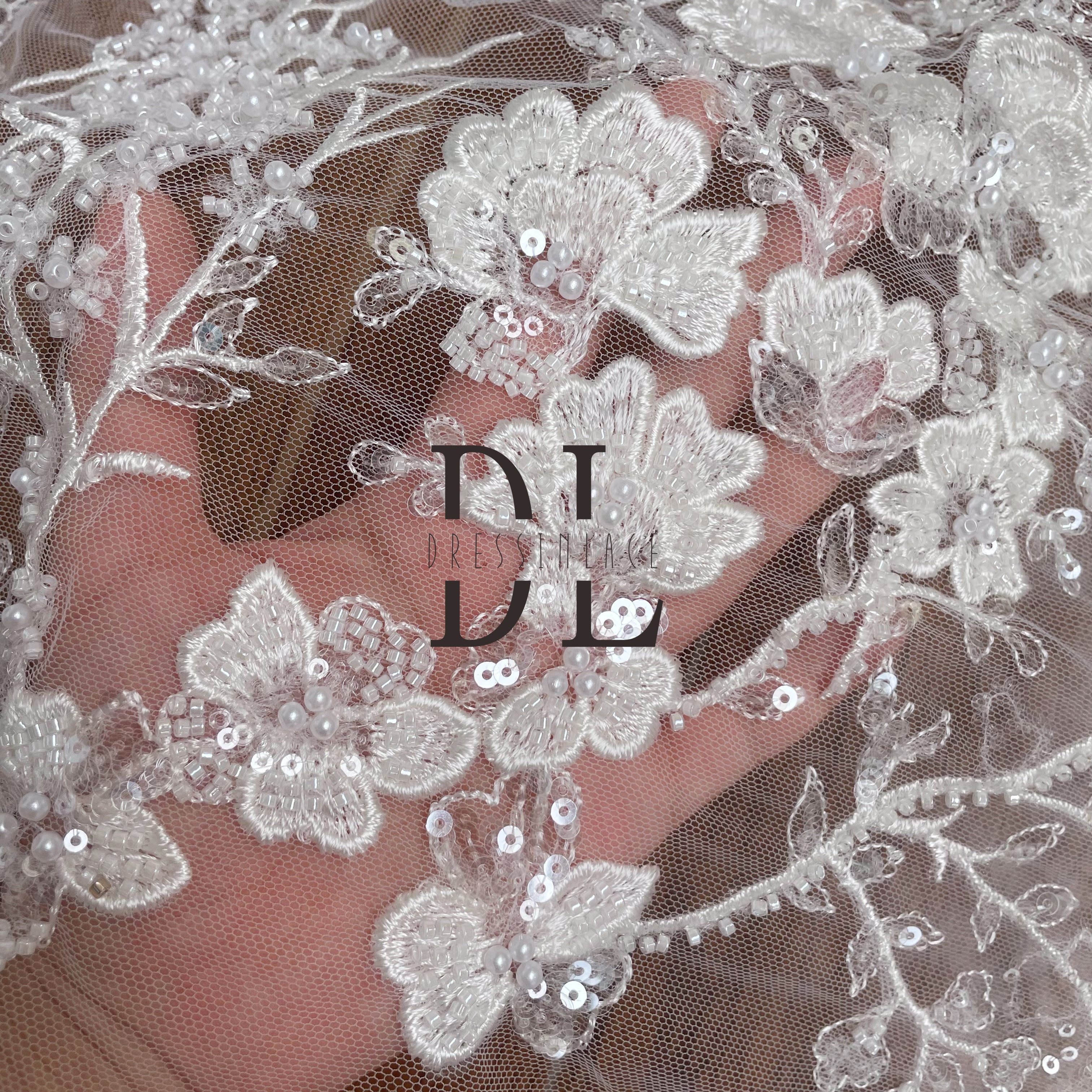 DL130162 Beaded and Sequins Embroidery Lace Fabric with small flowers- Exquisite fabrics for bride gowns