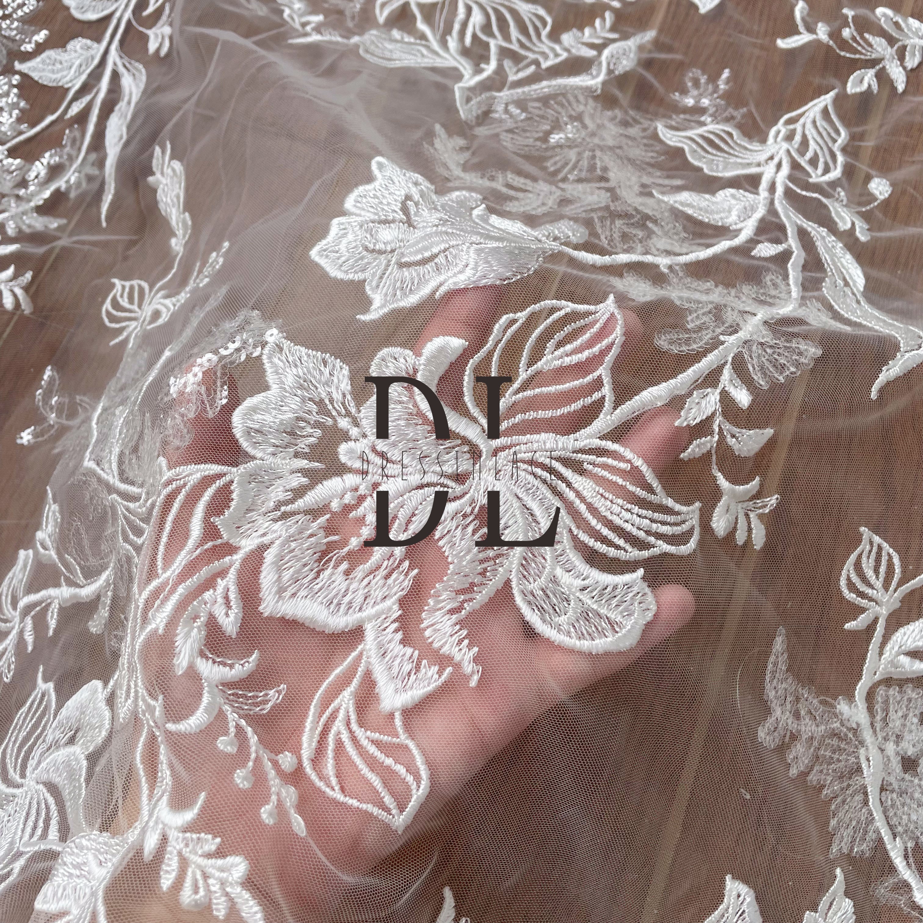 DL130163 High-quality Embroidered Lace Fabrics with shine sequins for Bride Dresses – Soft, Skin-Friendly Texture