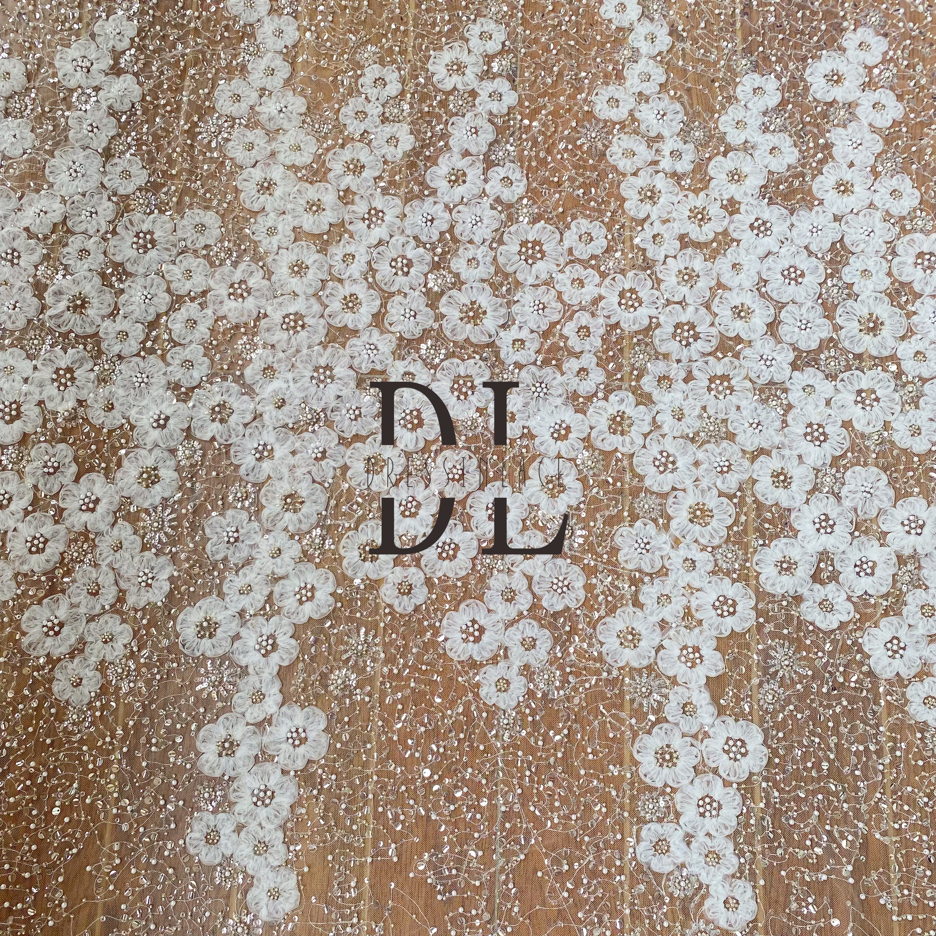 DL130125 Premium Embroidery Lace Fabric with Shimmering Sequins and Beads - 3D Floral Design for Wedding Dresses DL130125