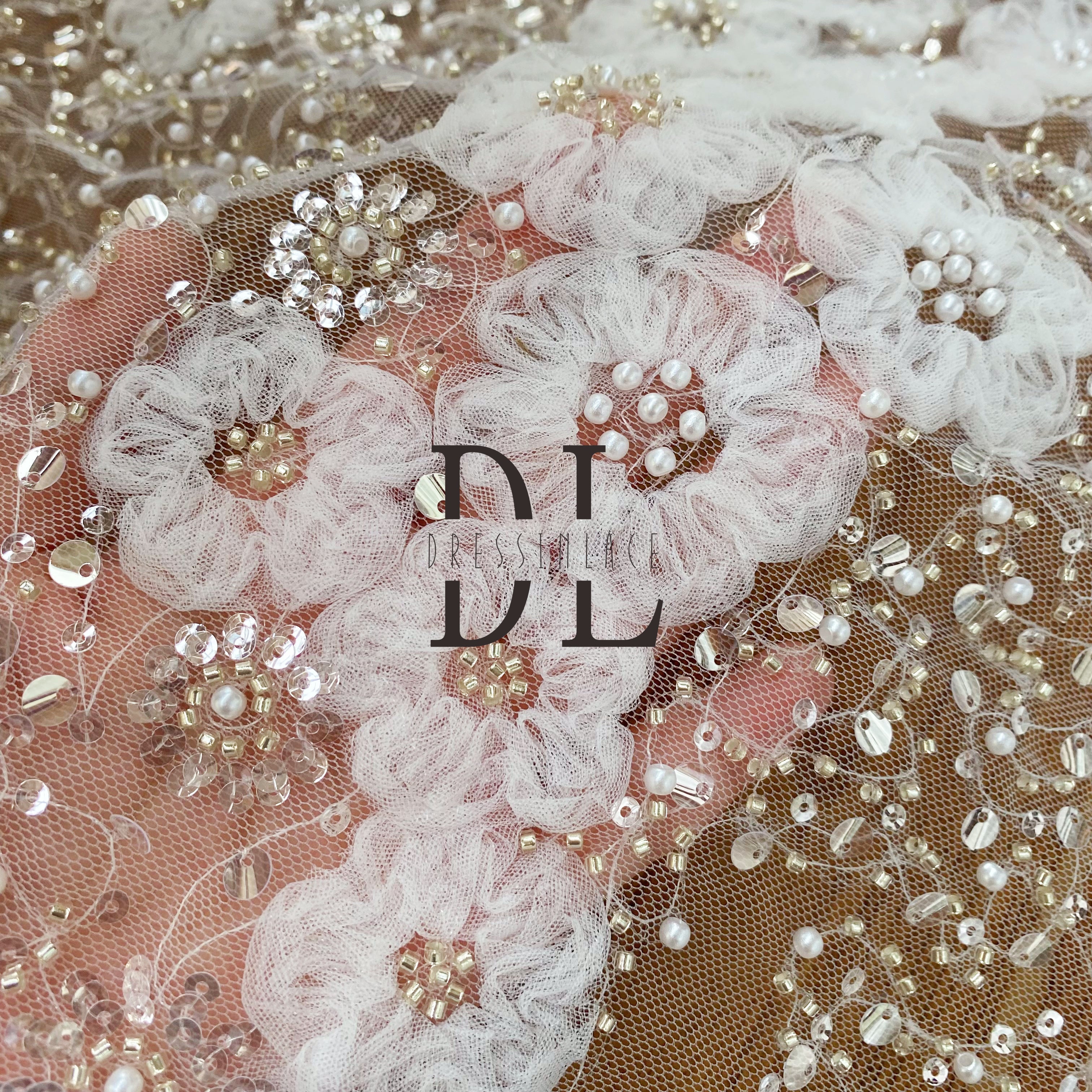 DL130125 Premium Embroidery Lace Fabric with Shimmering Sequins and Beads - 3D Floral Design for Wedding Dresses DL130125