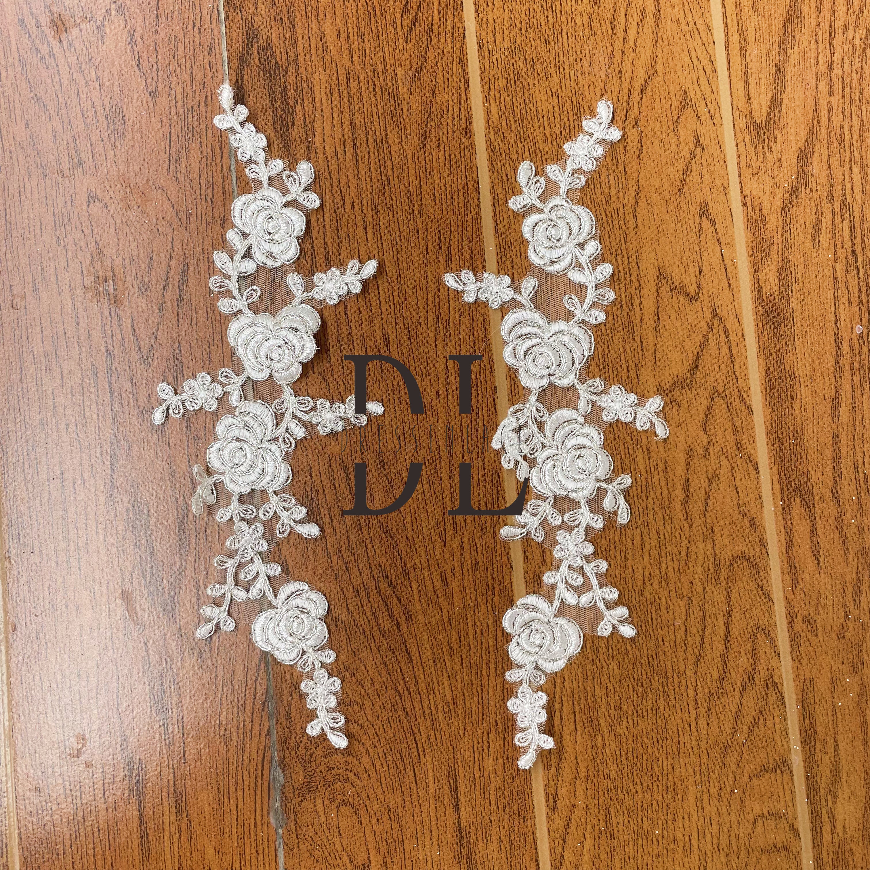 DLM2273 Silver Corded Embroidered lace Appliques 2pieces per pair motifs off-white color with silver cording for bridal accessories