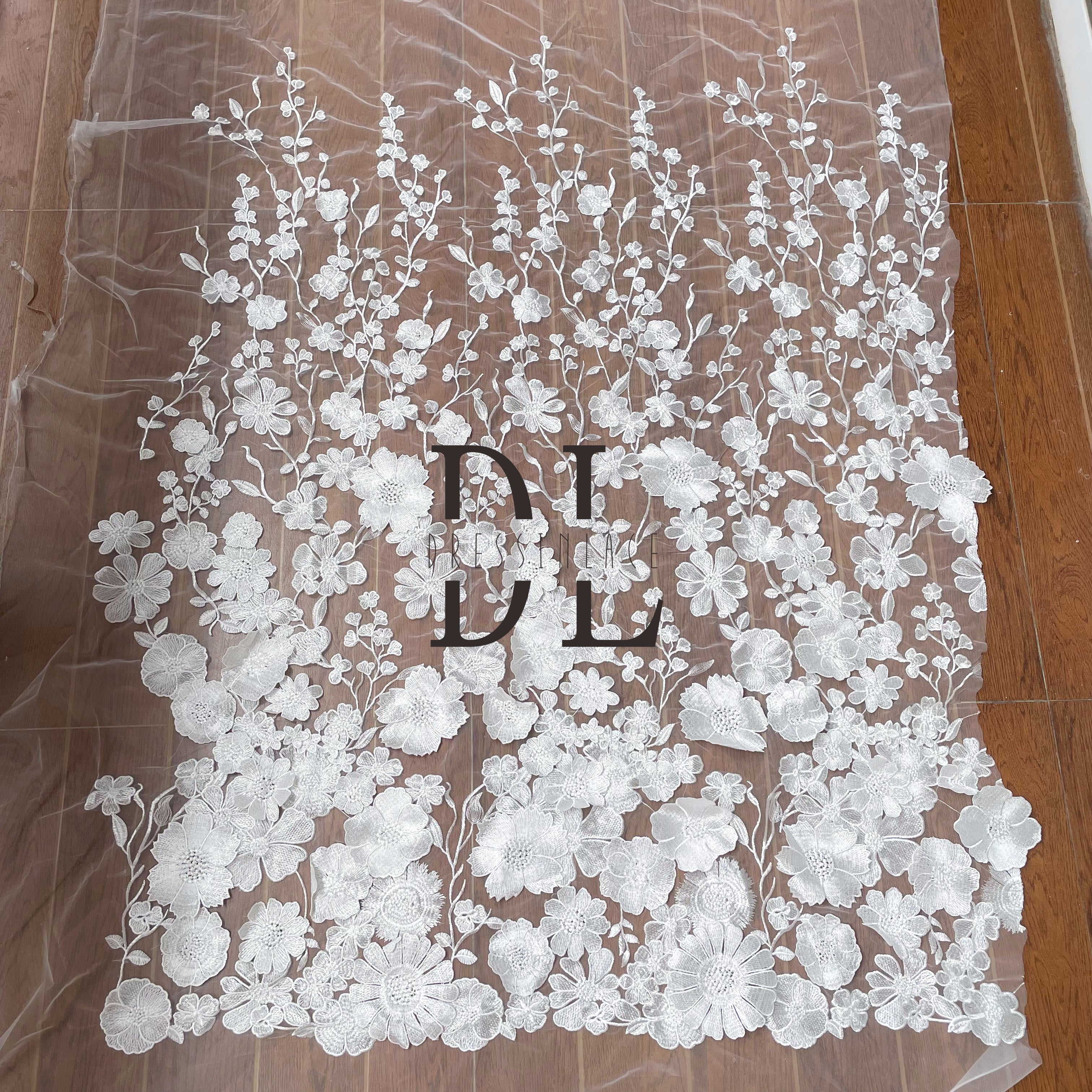 DL130165 High-quality soft 3D embroidered flowers lace fabric for wedding gowns