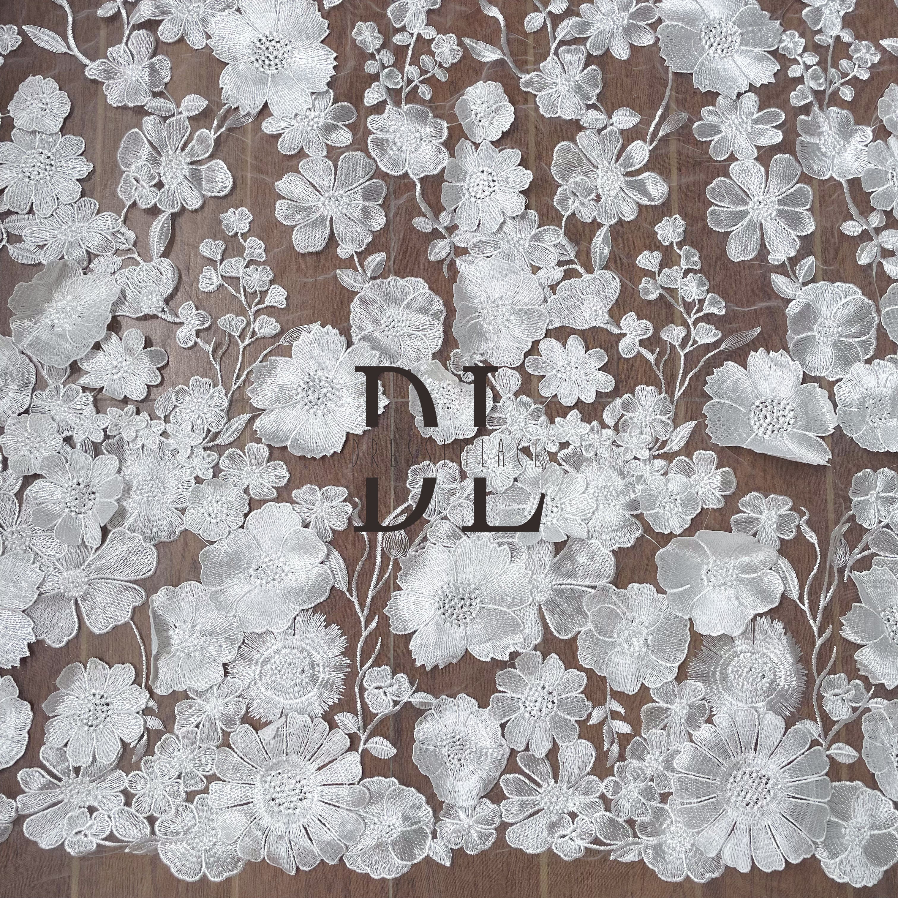 DL130165 High-quality soft 3D embroidered flowers lace fabric for wedding gowns