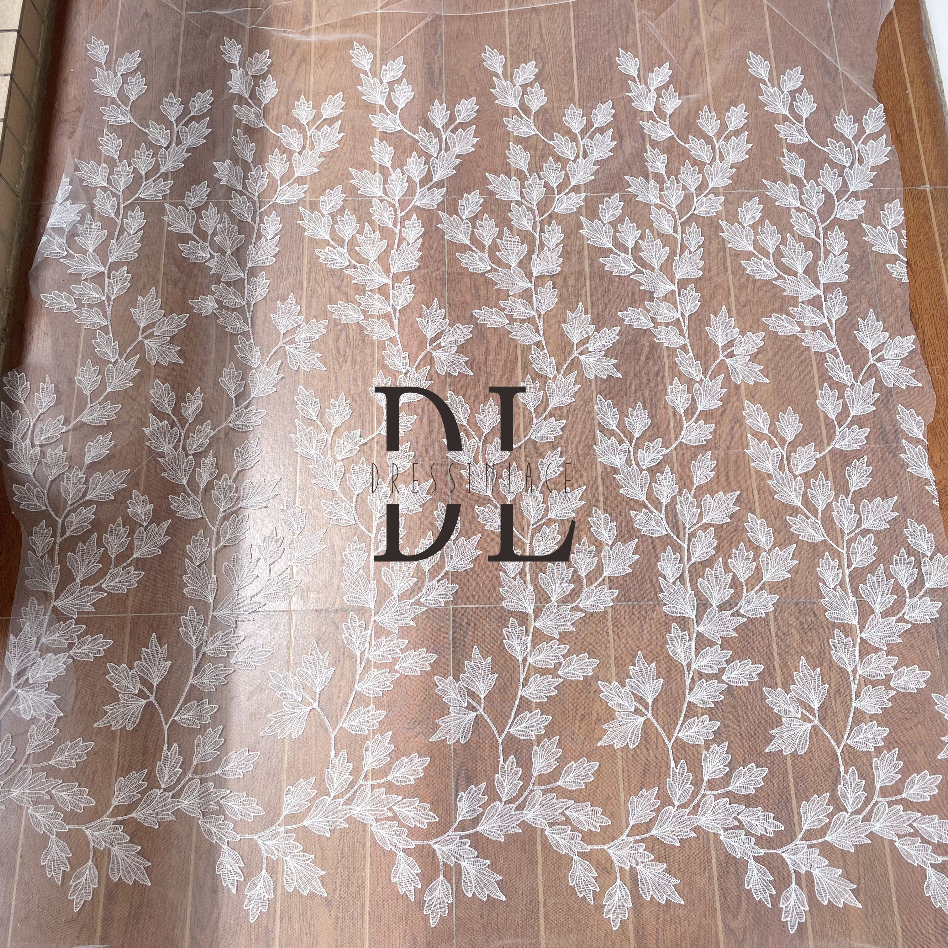 DL130164 Elegant leaves Lace Fabric - plain embroidery lace fabrics Water Soluble, Showcasing Beauty