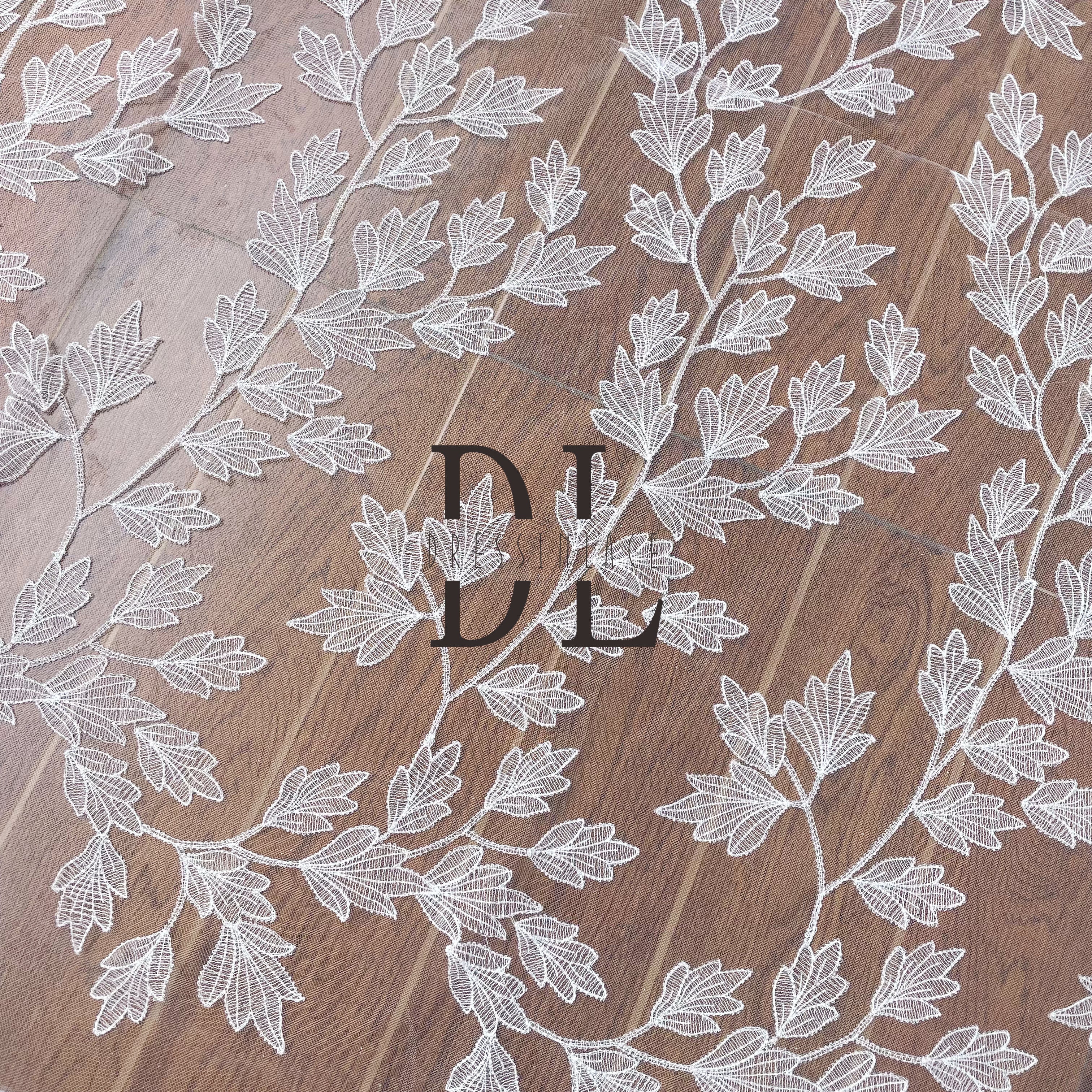 DL130164 Elegant leaves Lace Fabric - plain embroidery lace fabrics Water Soluble, Showcasing Beauty