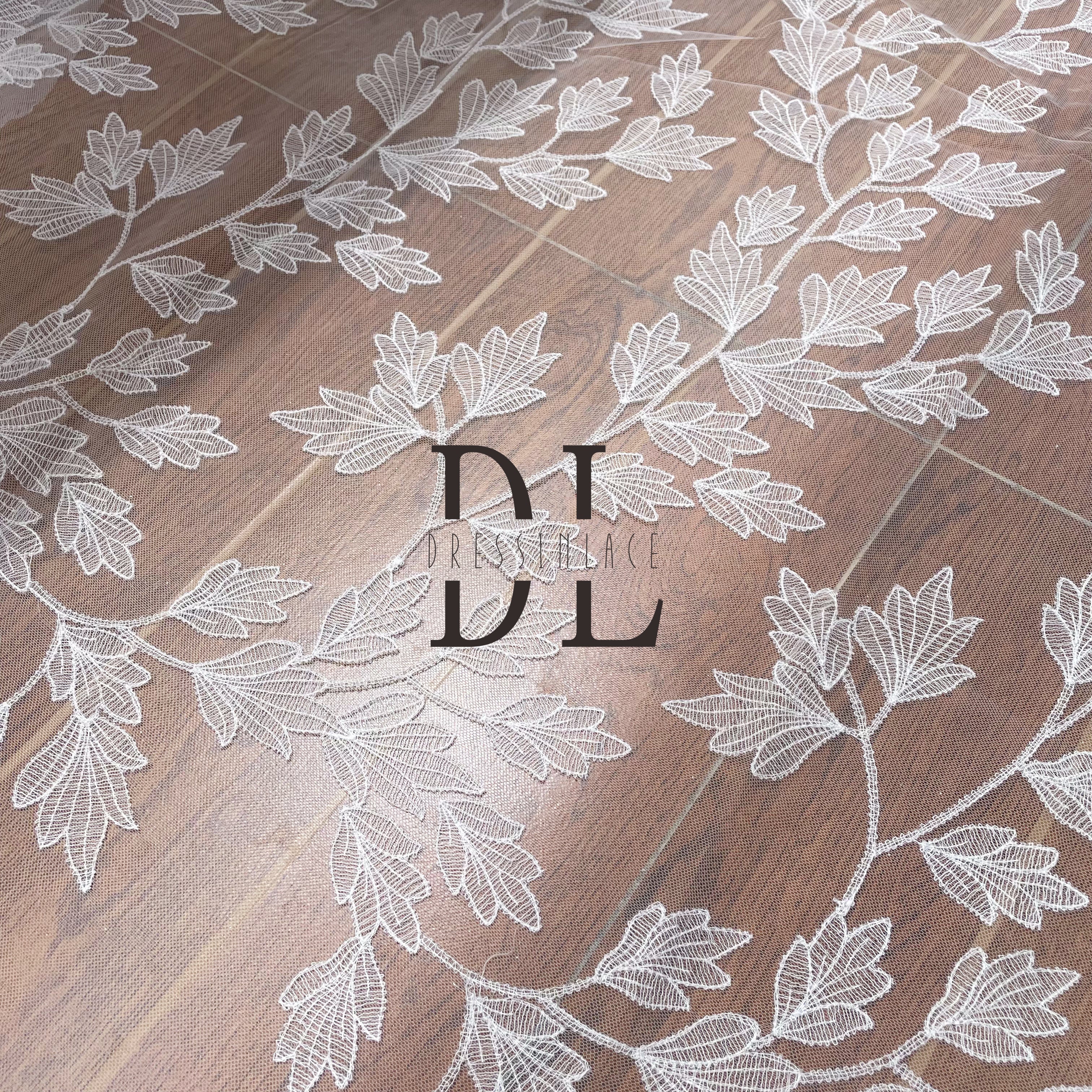 DL130164 Elegant leaves Lace Fabric - plain embroidery lace fabrics Water Soluble, Showcasing Beauty