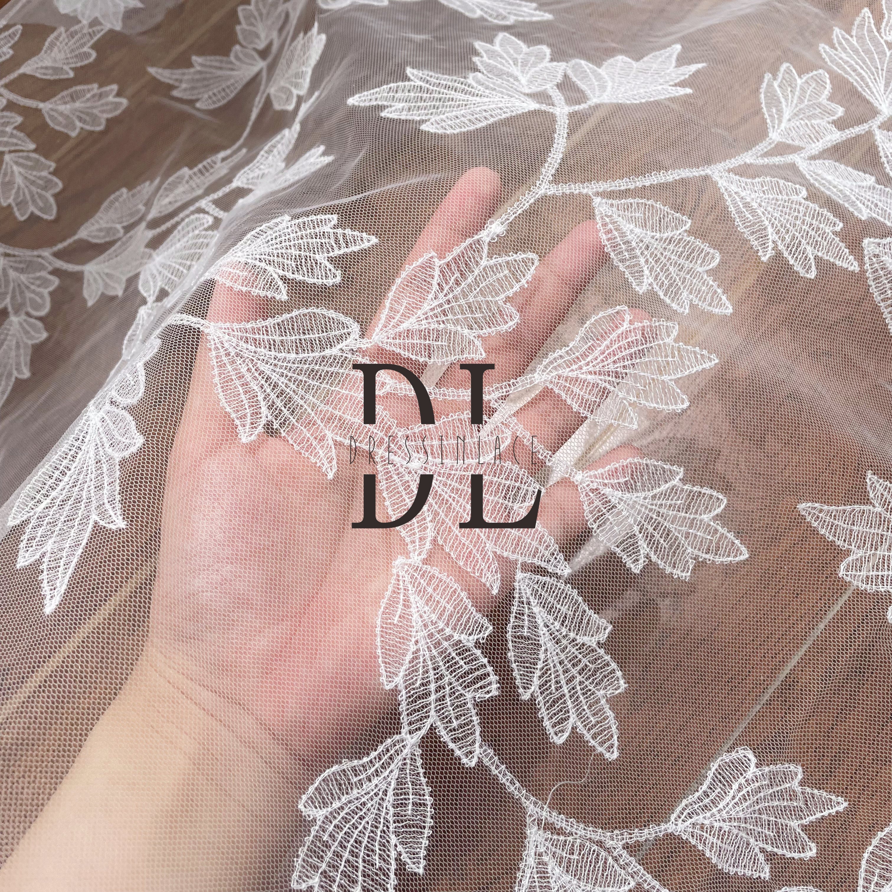 DL130164 Elegant leaves Lace Fabric - plain embroidery lace fabrics Water Soluble, Showcasing Beauty