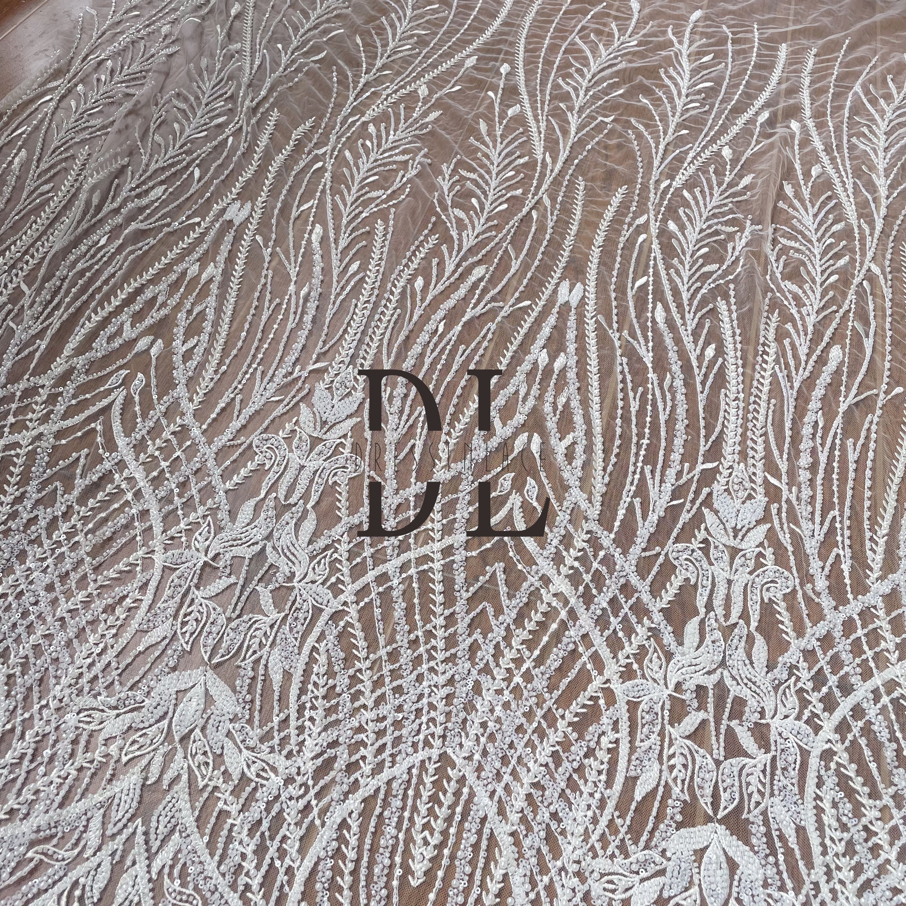 DL130167 Accessori per cucire tessuto in pizzo con perline e paillettes per abiti da sposa 