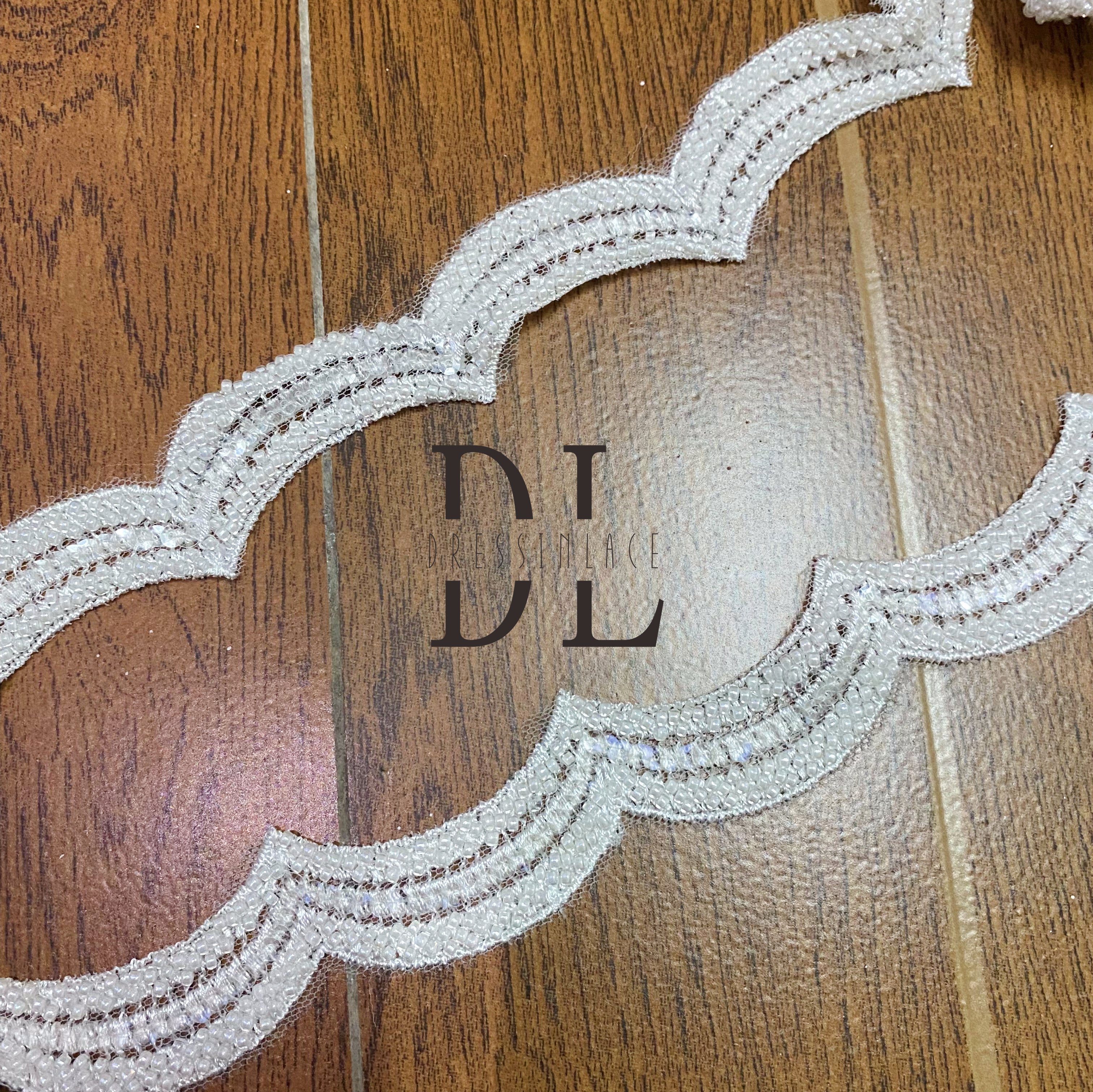 DLX30242 Embroidered Lace Trims 3CM With Beads and Sequins for Bridal Wedding Party Dress Or Belt