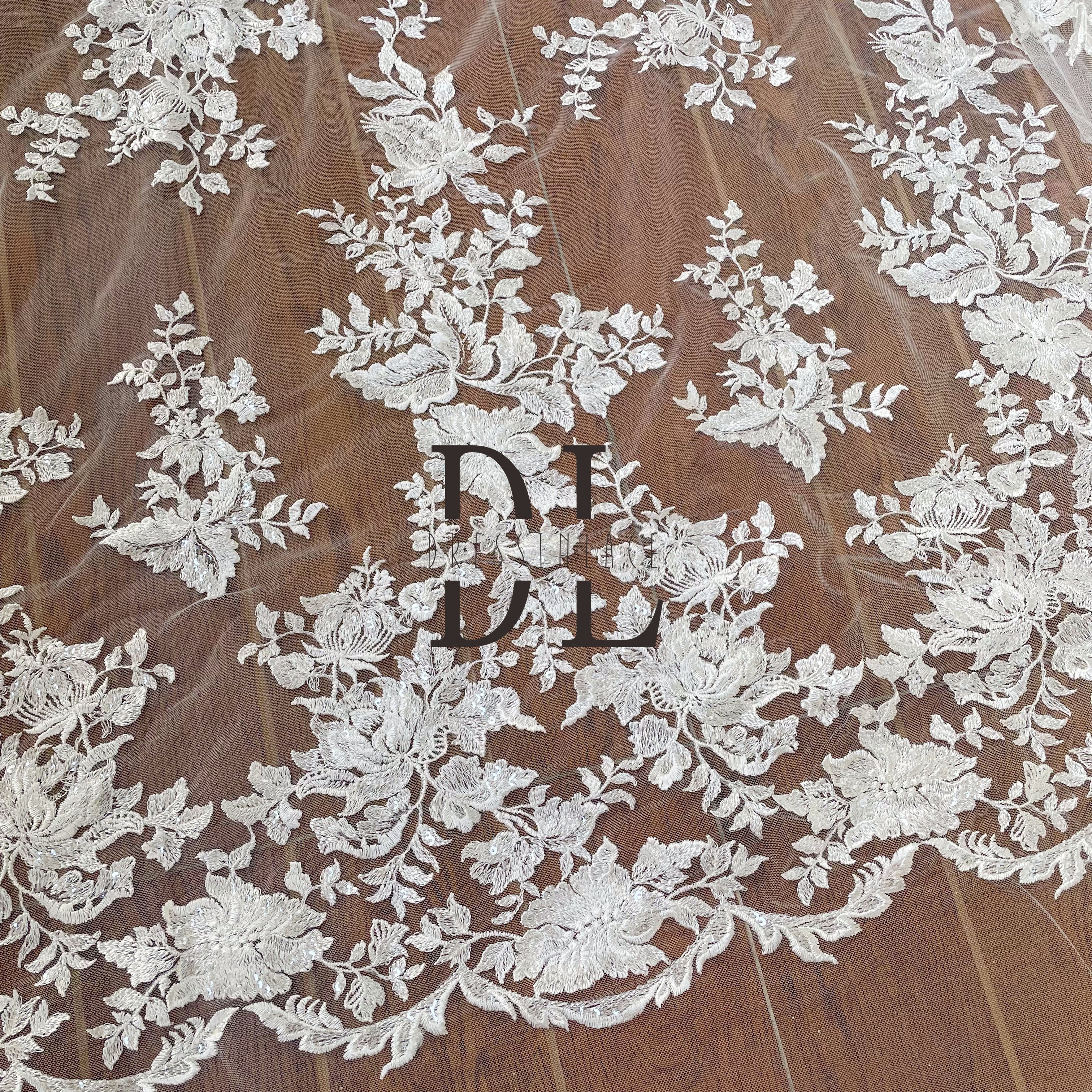 DL130076 Popular Sequined and Embroidered Lace Fabric for Bridal Dresses – Shimmering and Transparent with Soft, Skin-Friendly Texture