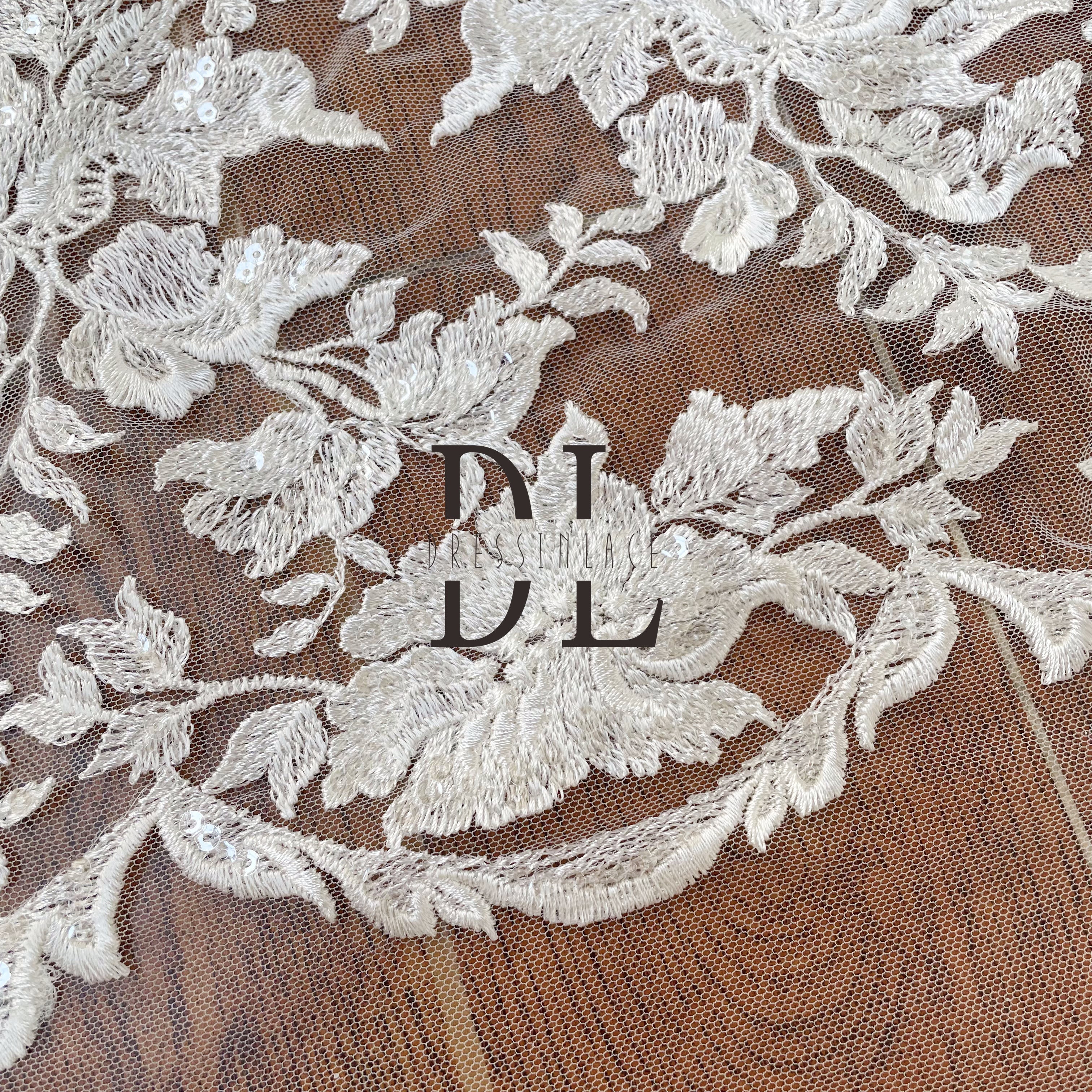 DL130076 Popular Sequined and Embroidered Lace Fabric for Bridal Dresses – Shimmering and Transparent with Soft, Skin-Friendly Texture