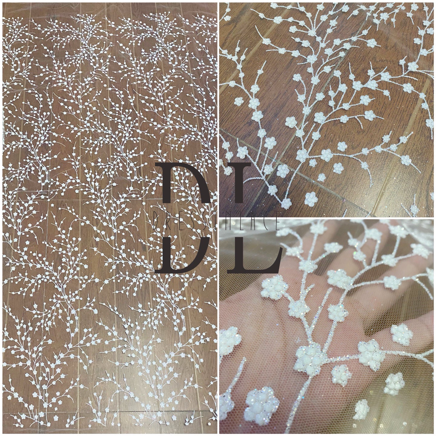 DL130058 Tessuto di pizzo con fiori glitterati lucidi di alta qualità per abiti da sposa larghezza 130 cm 