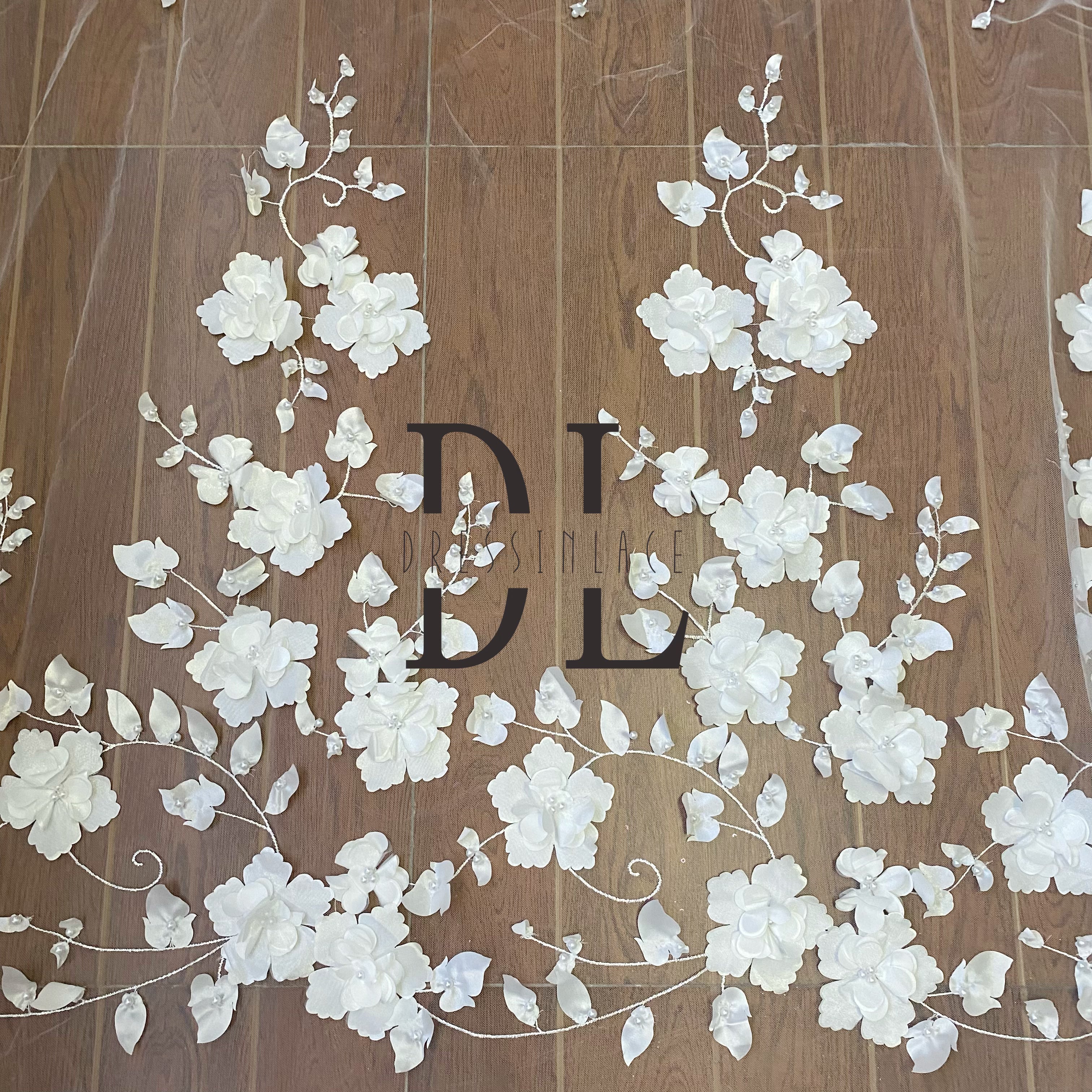 DL130013 High-quality soft 3D satin flowers lace fabric with pearl beads for wedding dresses