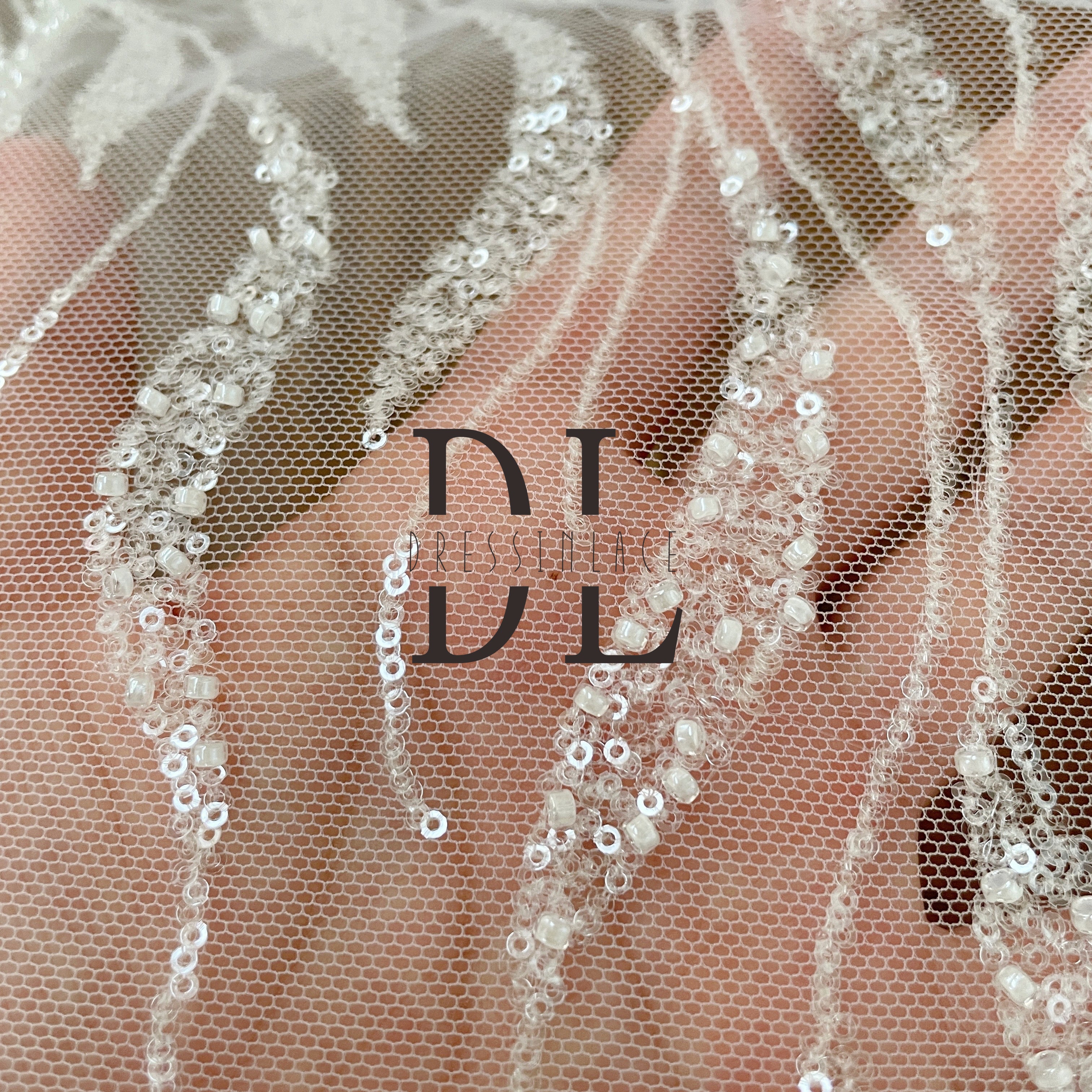 DL130079 Exquisite Embroidery Lace Fabric with Sparkling Beads - Perfect for Wedding Gowns