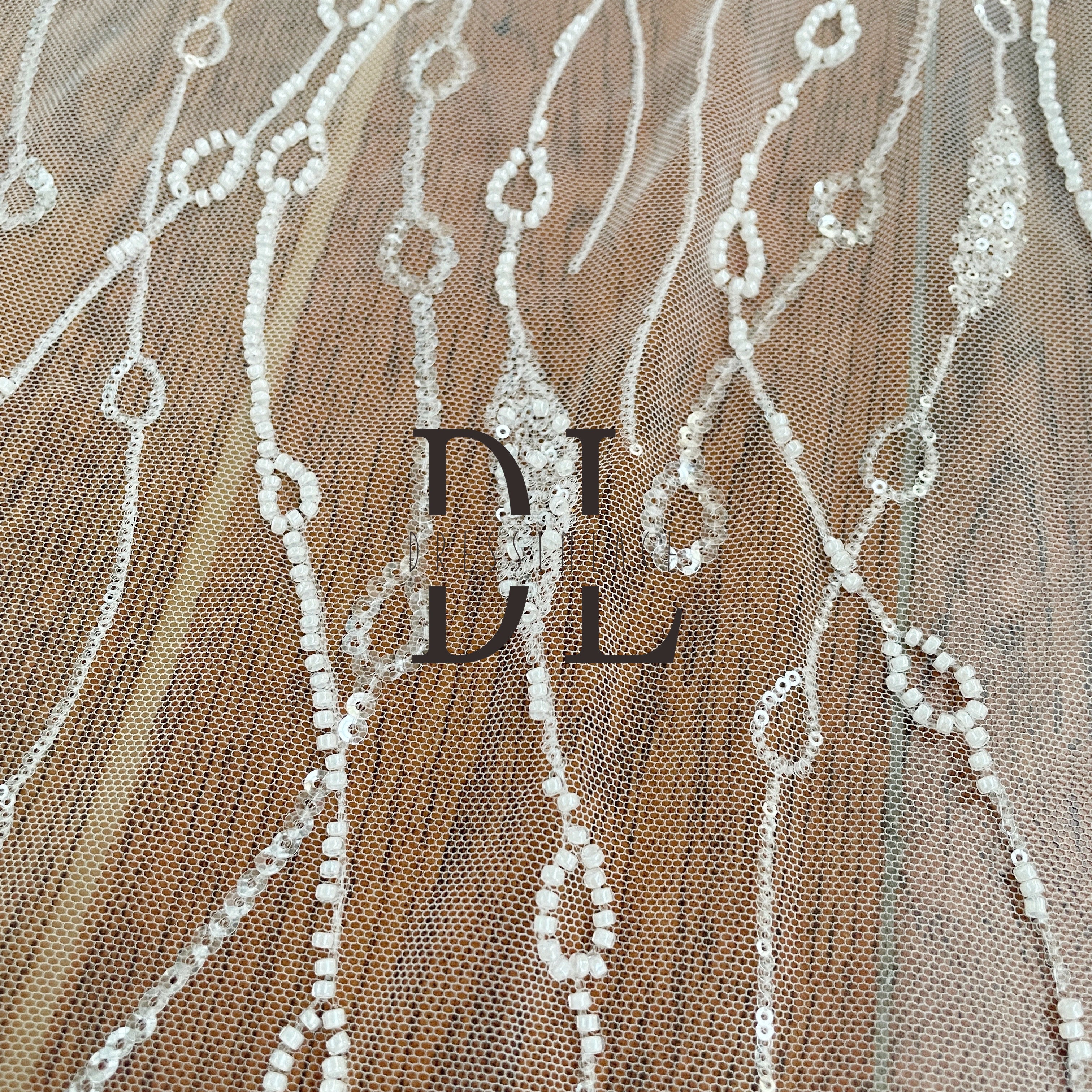 DL130079 Exquisite Embroidery Lace Fabric with Sparkling Beads - Perfect for Wedding Gowns