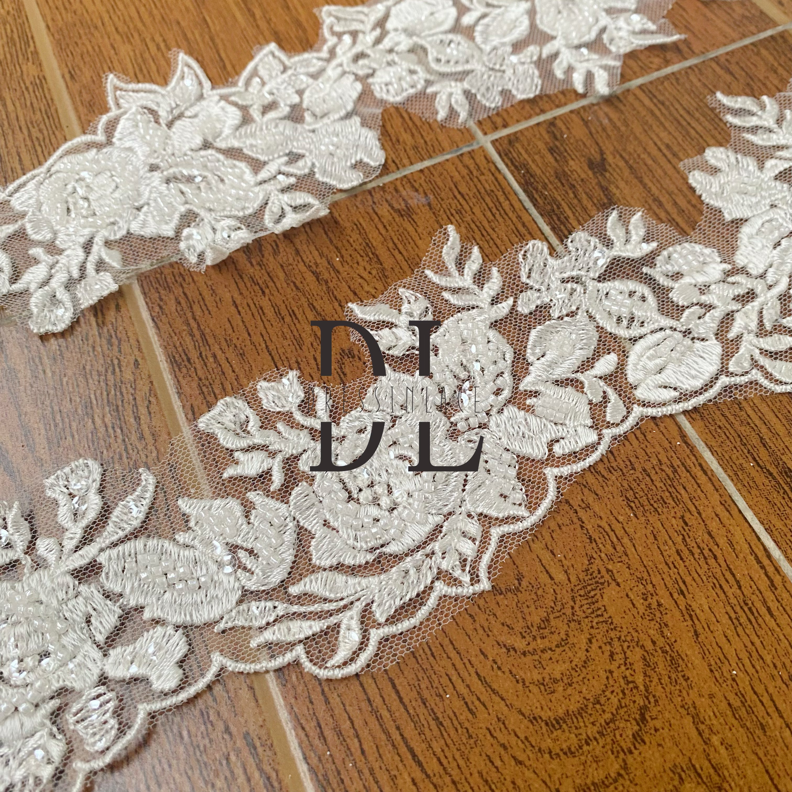 DLX80237 Exquisite Embroidery Lace Border With Beads and Sequins width 8cm for bride veils