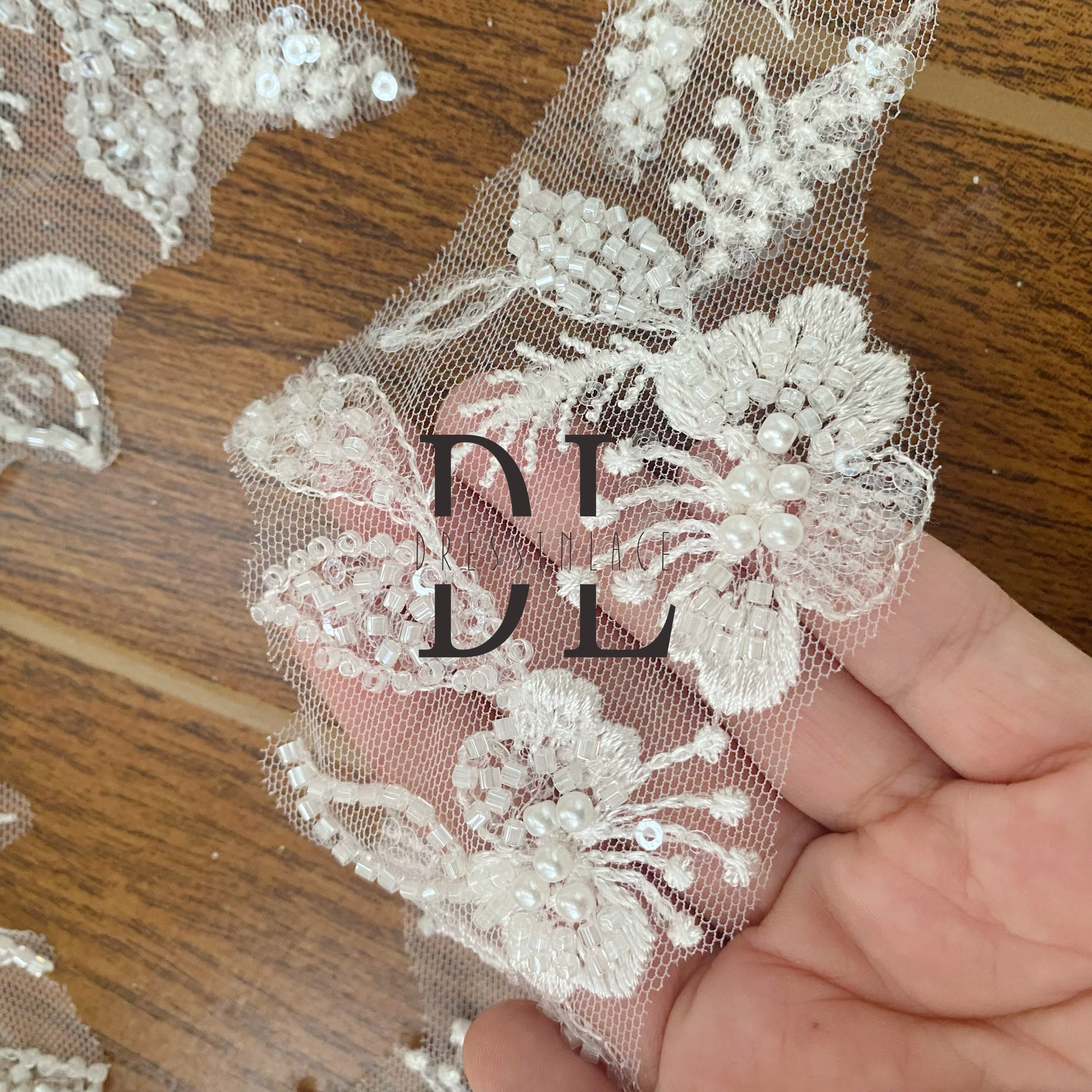 DLX95238 Elegant Embroidery Lace Borders With Pearl Beads and Sequins width 9.5cm for bridal veils