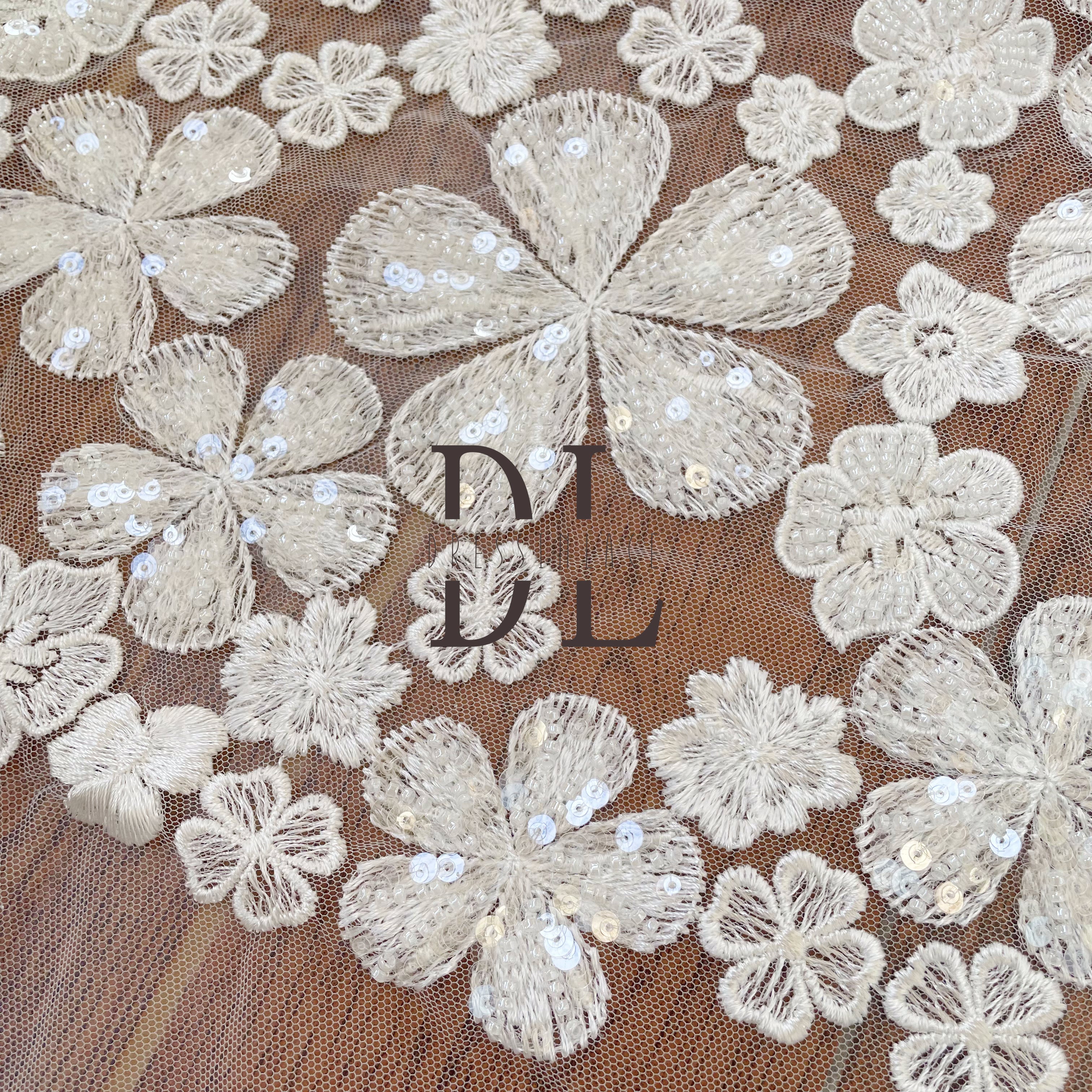 DL130145 Elegant Embroidery Lace Fabric with beads and sequins for creating stunning wedding dresses