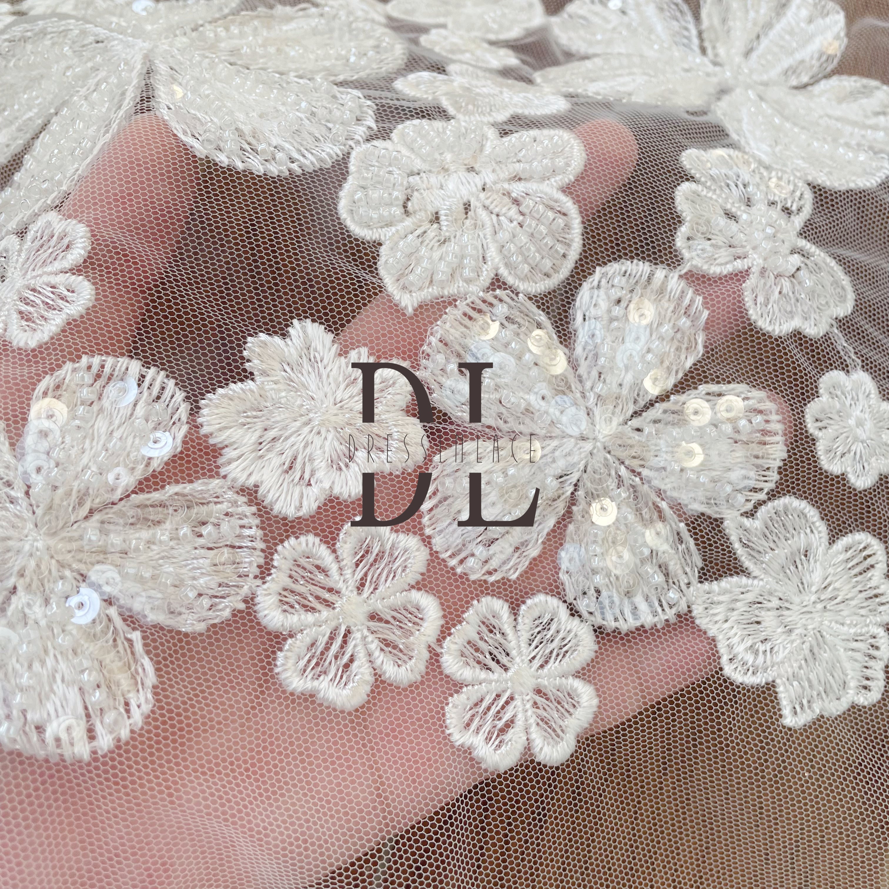 DL130145 Elegant Embroidery Lace Fabric with beads and sequins for creating stunning wedding dresses