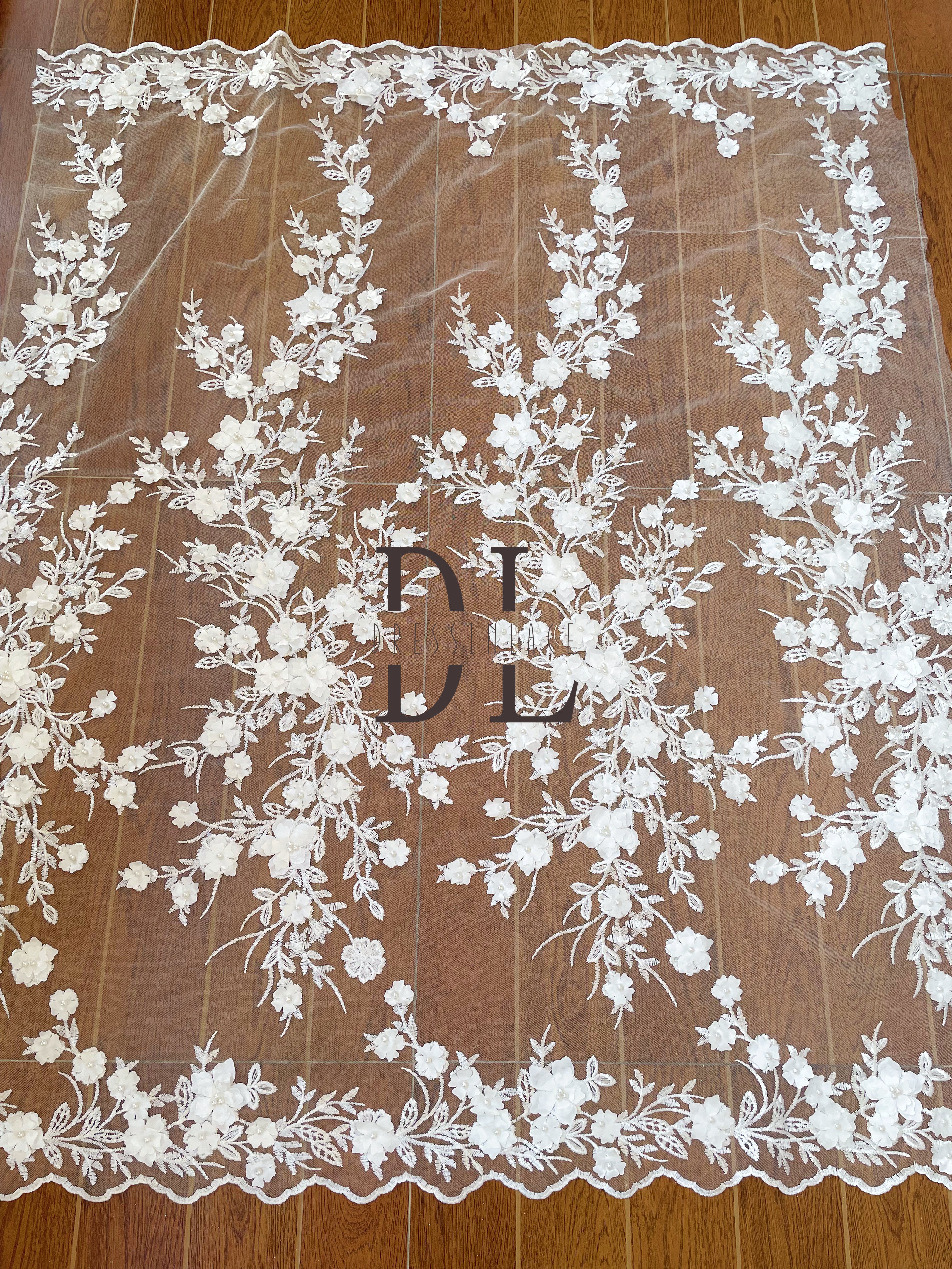 DL130147 3D flowers lace fabric with machine pearl beads DIY mesh fabrics for Bridal Wedding Dresses