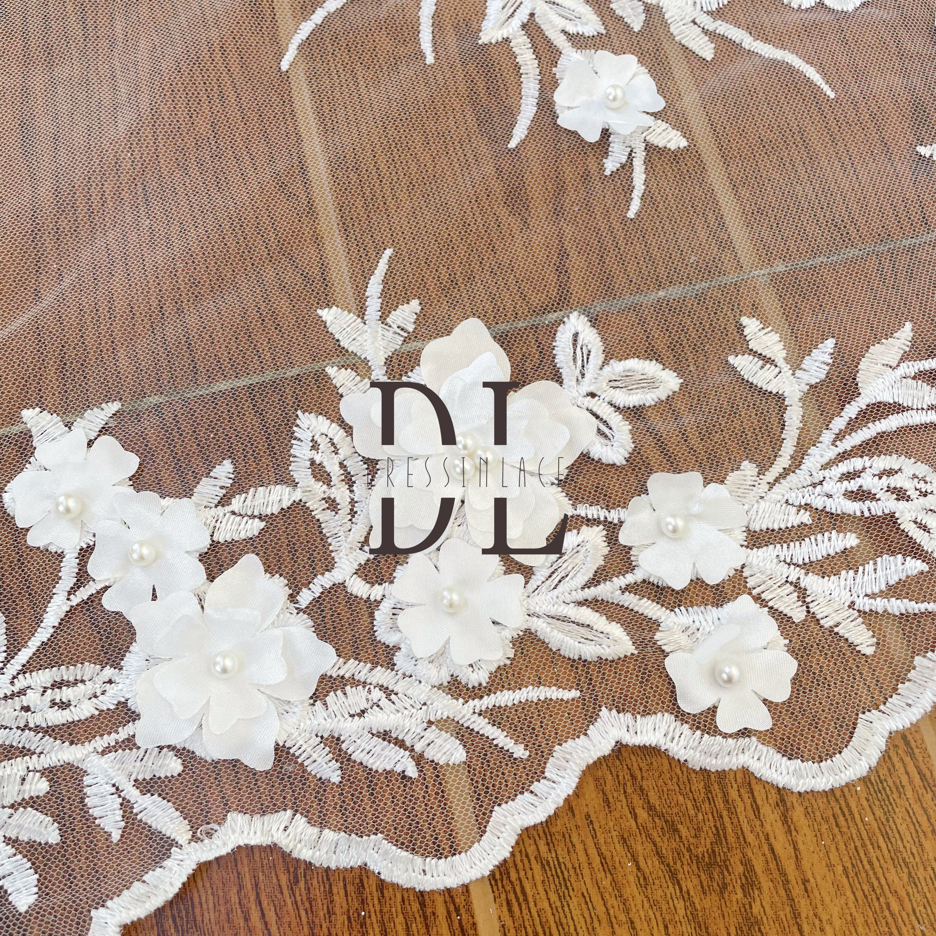 DL130147 3D flowers lace fabric with machine pearl beads DIY mesh fabrics for Bridal Wedding Dresses