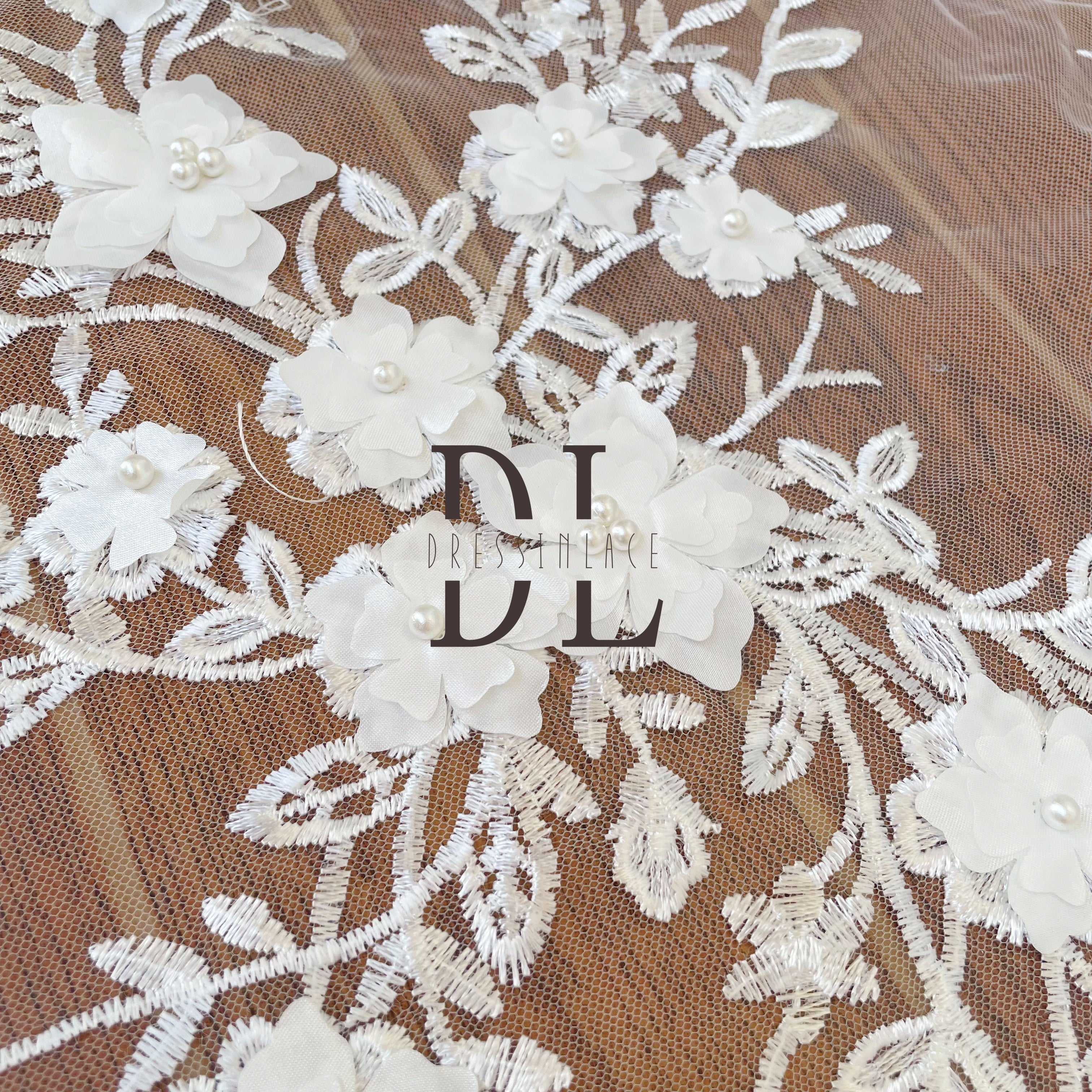 DL130147 3D flowers lace fabric with machine pearl beads DIY mesh fabrics for Bridal Wedding Dresses