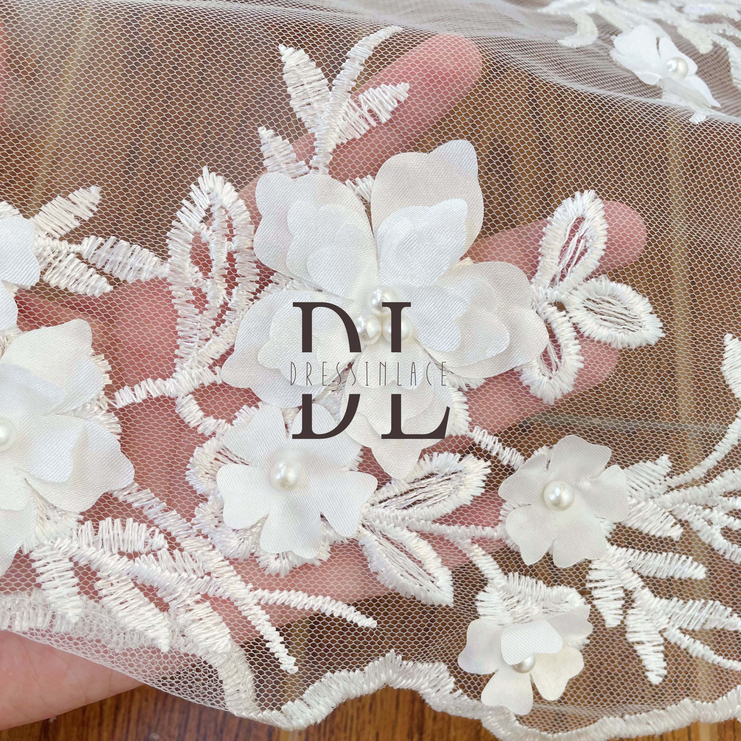 DL130147 3D flowers lace fabric with machine pearl beads DIY mesh fabrics for Bridal Wedding Dresses