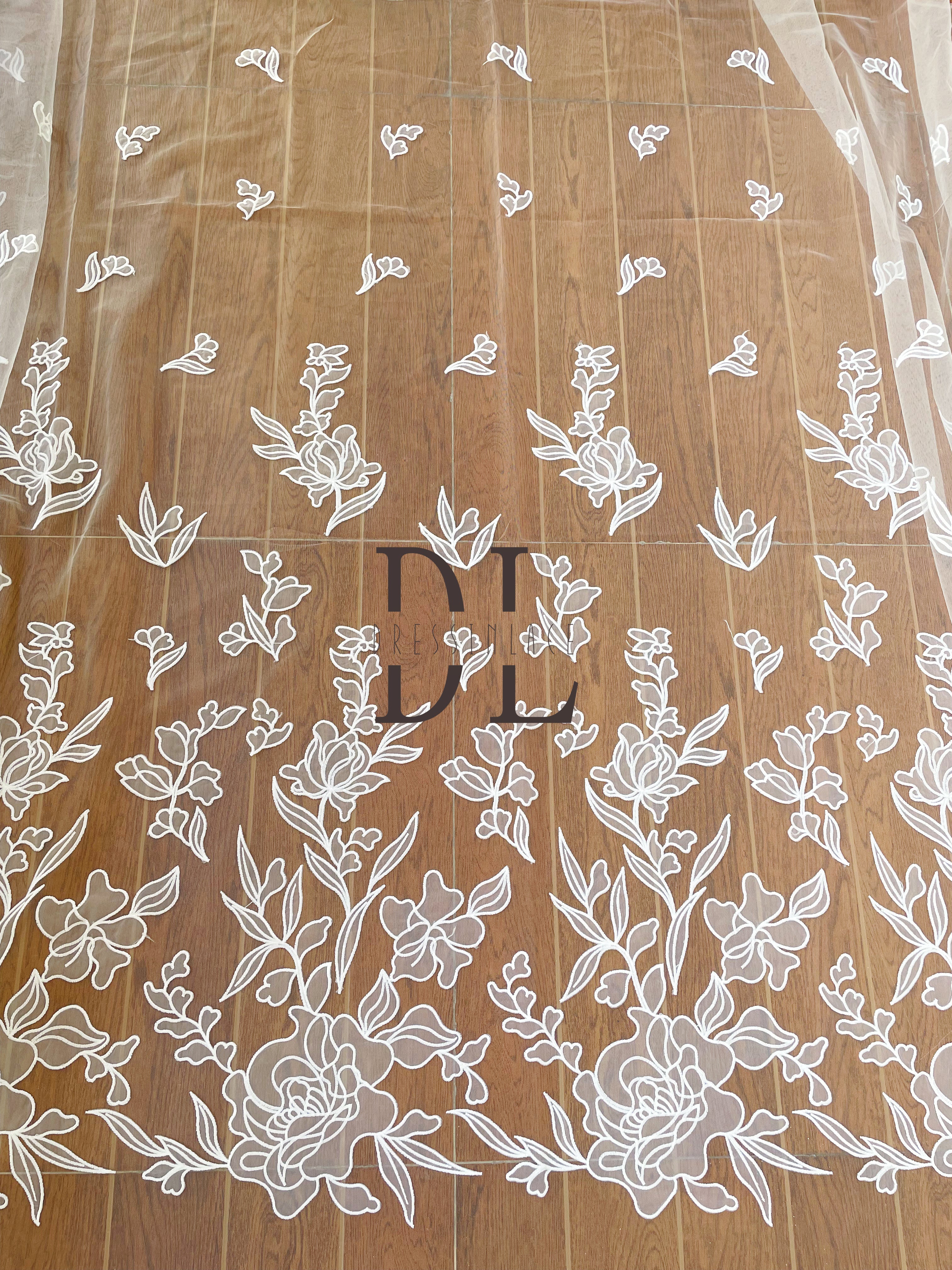 DL130132 Lace Fabric for Wedding Dresses - Soft and Elegant Satin Laser Fabric Floral Pattern with softy mesh