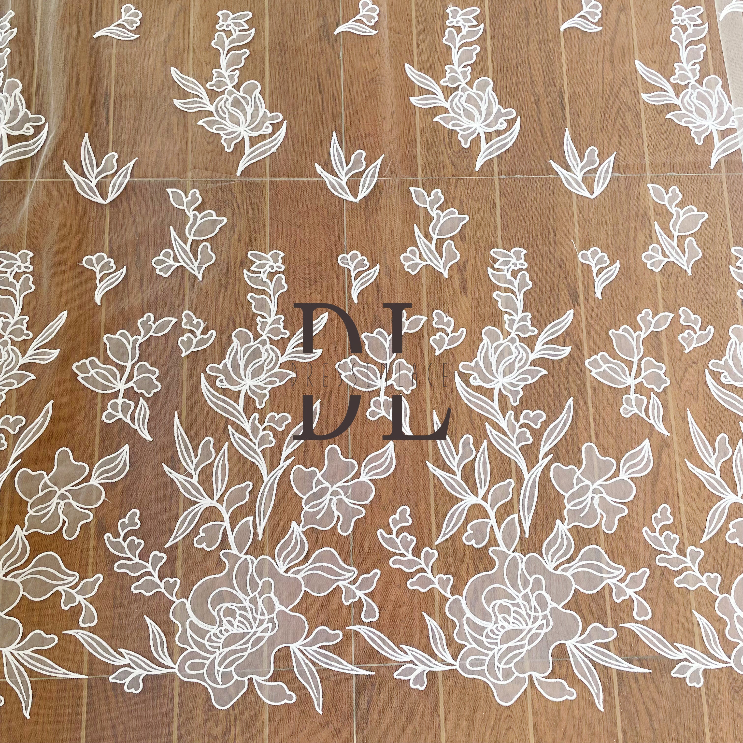 DL130132 Lace Fabric for Wedding Dresses - Soft and Elegant Satin Laser Fabric Floral Pattern with softy mesh