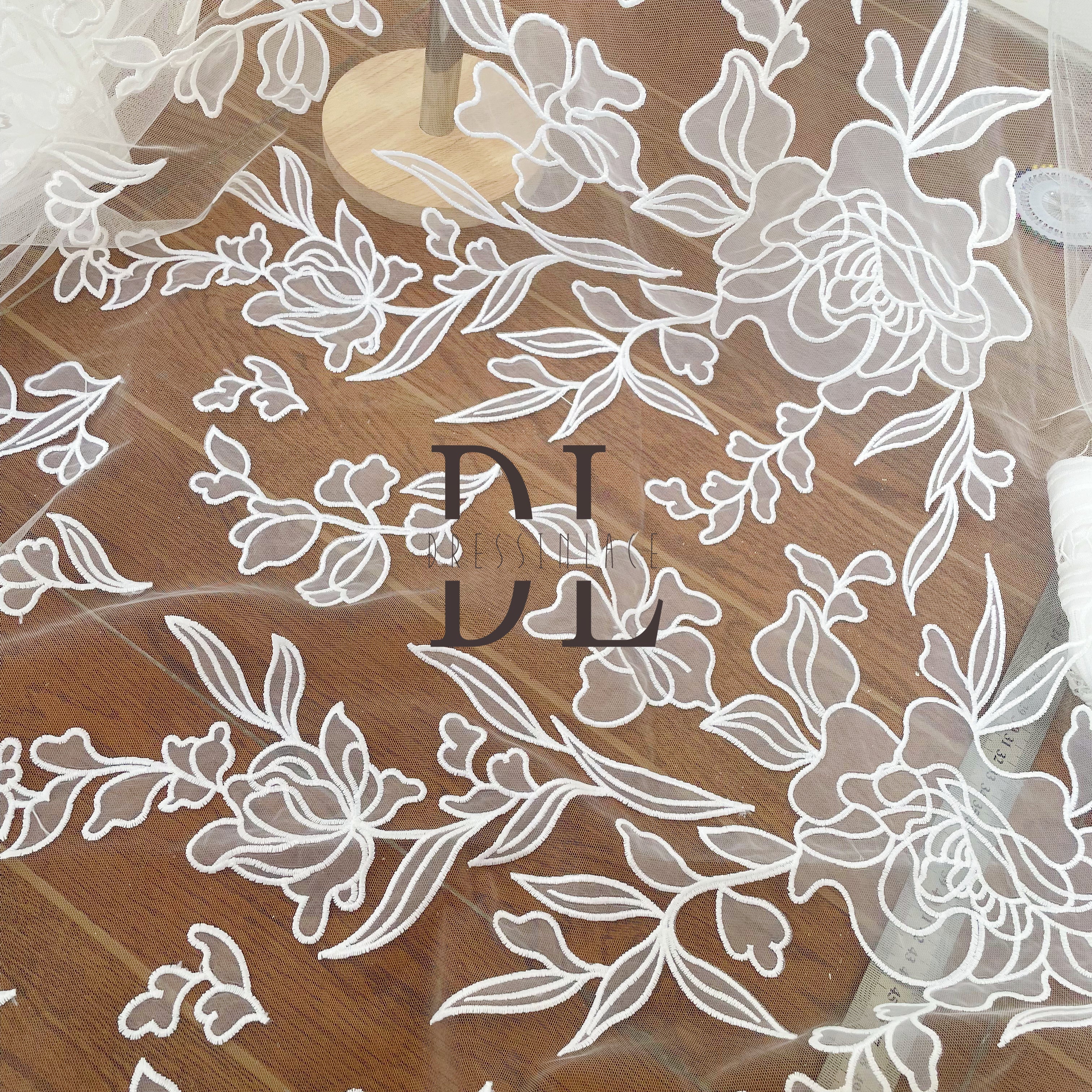 DL130132 Lace Fabric for Wedding Dresses - Soft and Elegant Satin Laser Fabric Floral Pattern with softy mesh