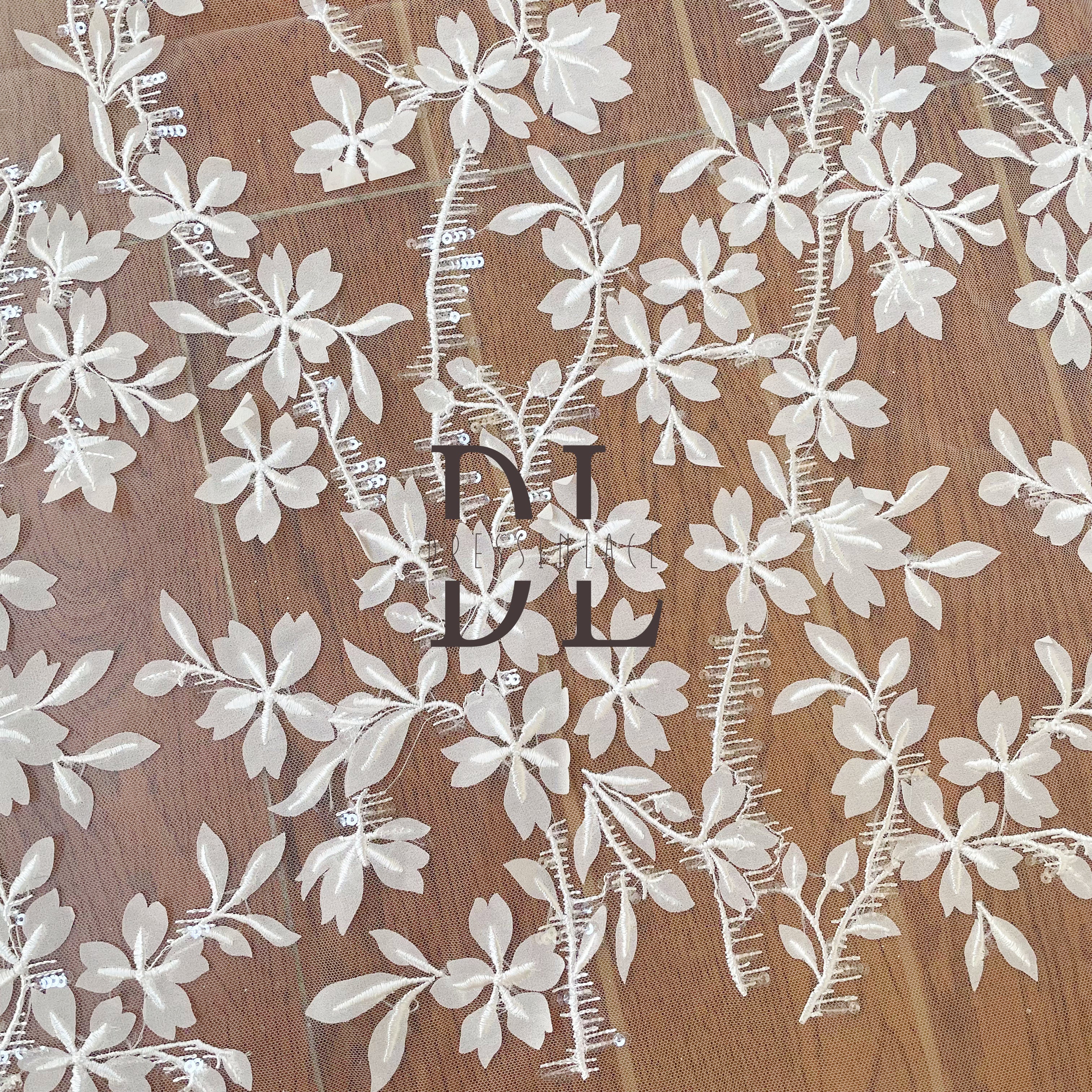 DL130129 High-quality soft Mesh 3D satin flowers lace fabric with sequins for making wedding dresses