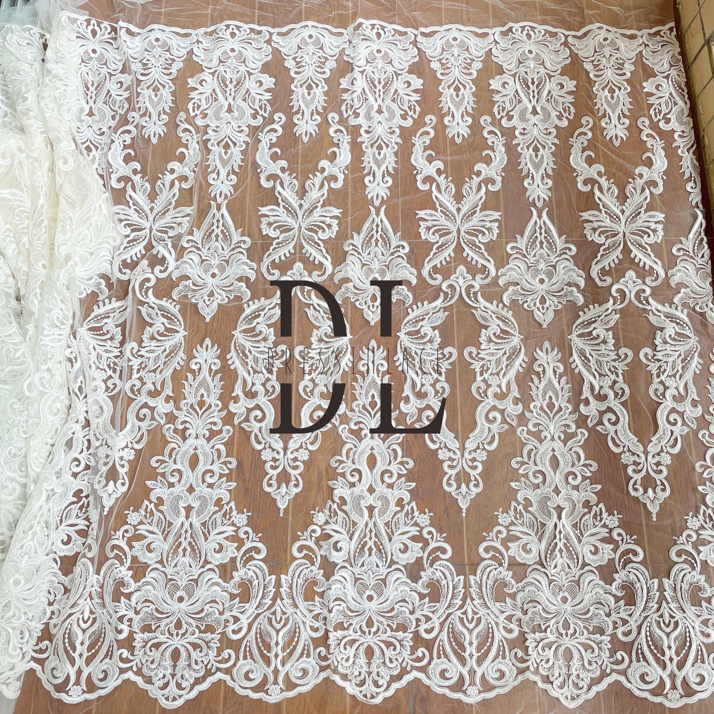 DL130080 Elegant Embroidery Lace Fabric with Shimmering Sequins and Butterfly Silk Ribbon Shape