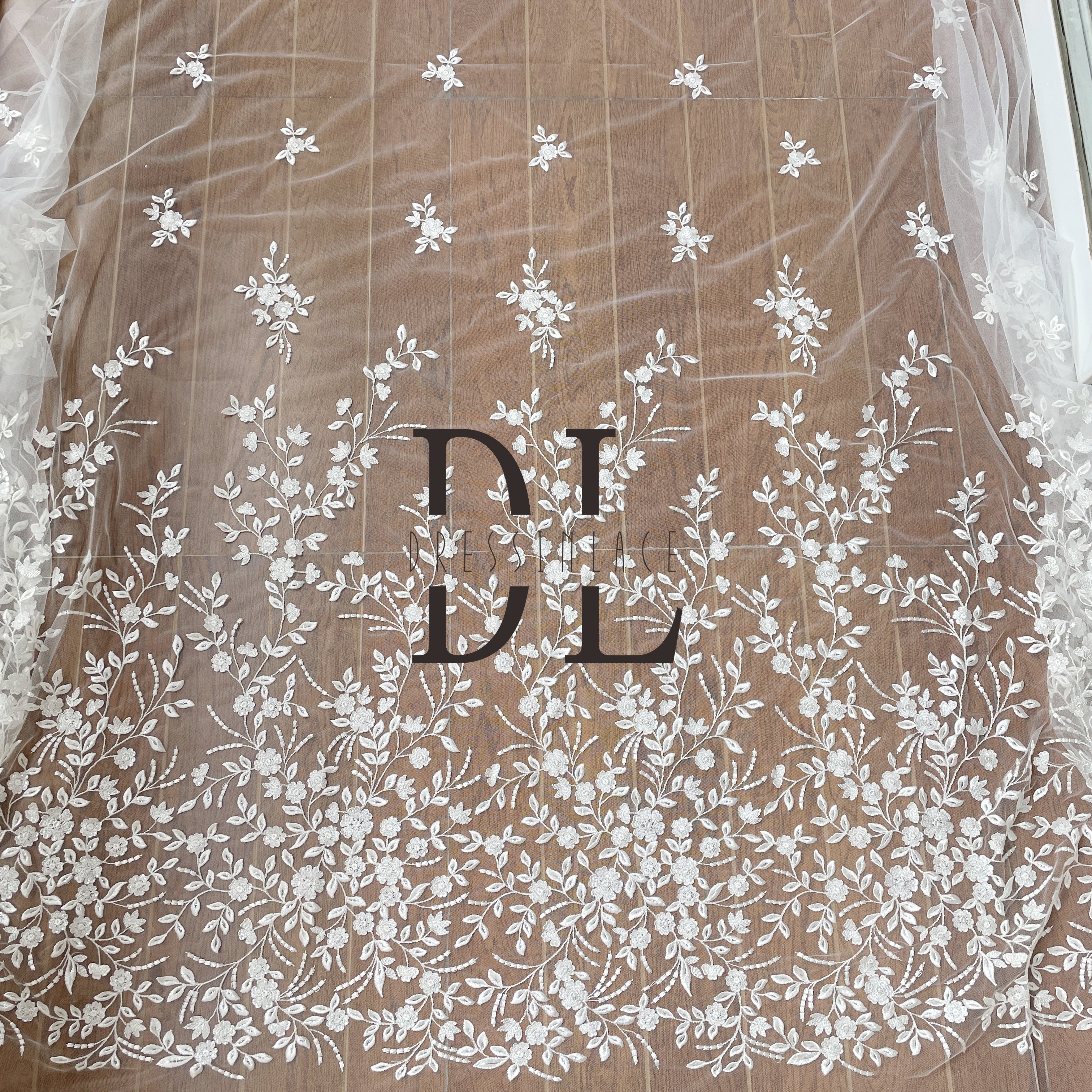 DL130044 Elegant Embroidery Lace Fabric with Simple Floral Design and Sparkling Sequins DL130044