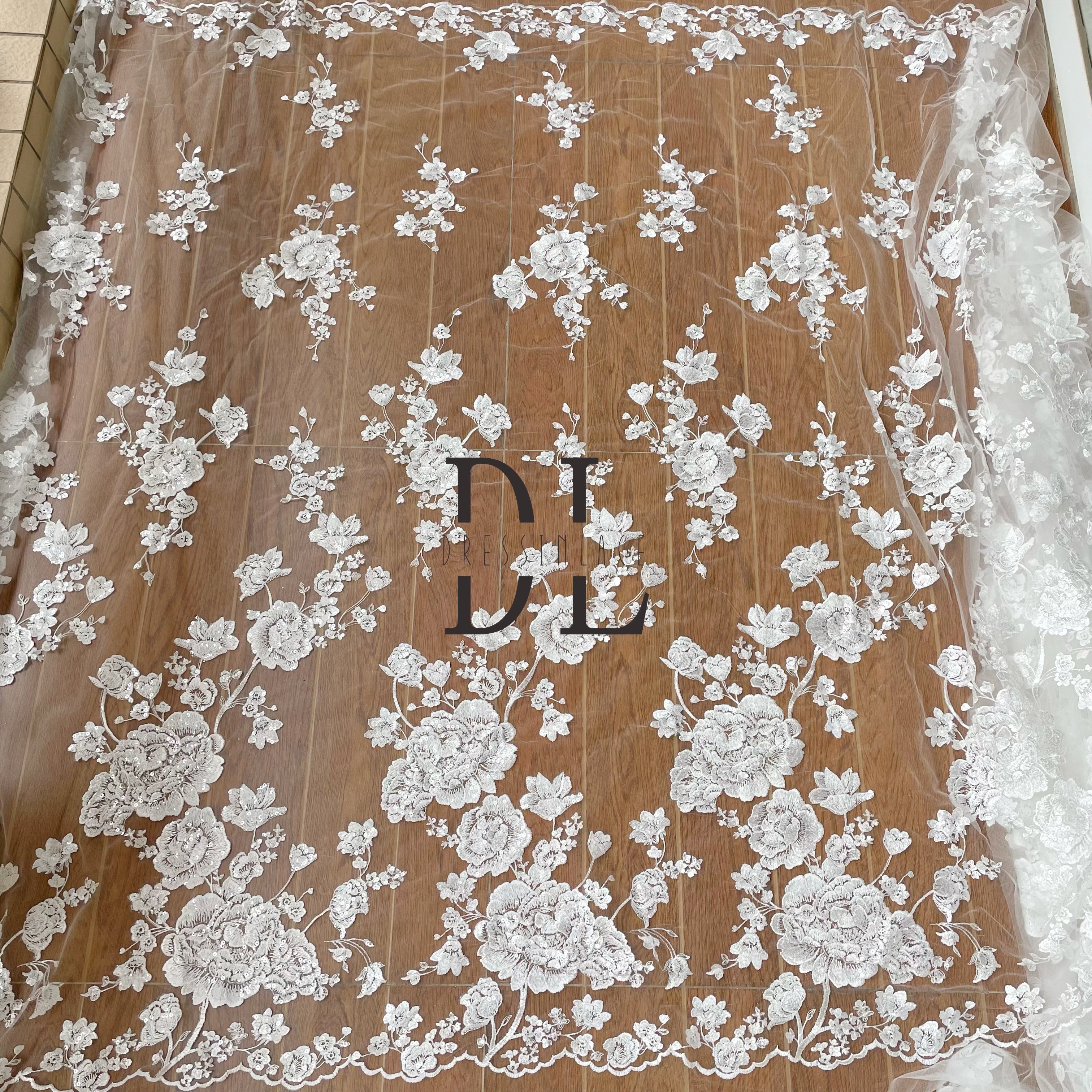 DL130150 Embroidered Lace Fabric for Wedding Dresses Exquisite Full-width Sparkling Transparent Sequins Floral Elements DL130150