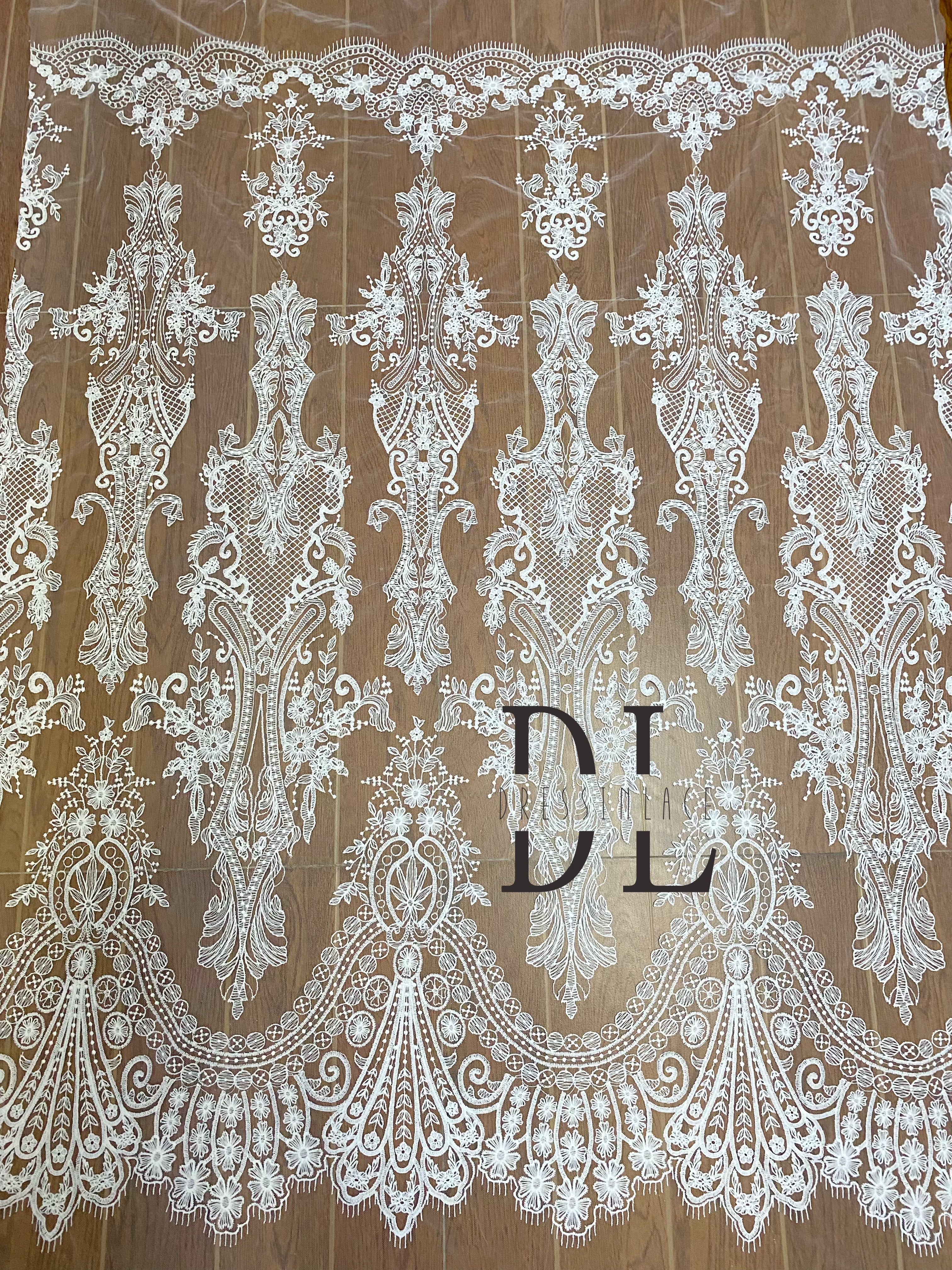 DL130139 Exquisite Classical Embroidered Lace Fabric with Wave Edge - Polyester Material For wedding dress