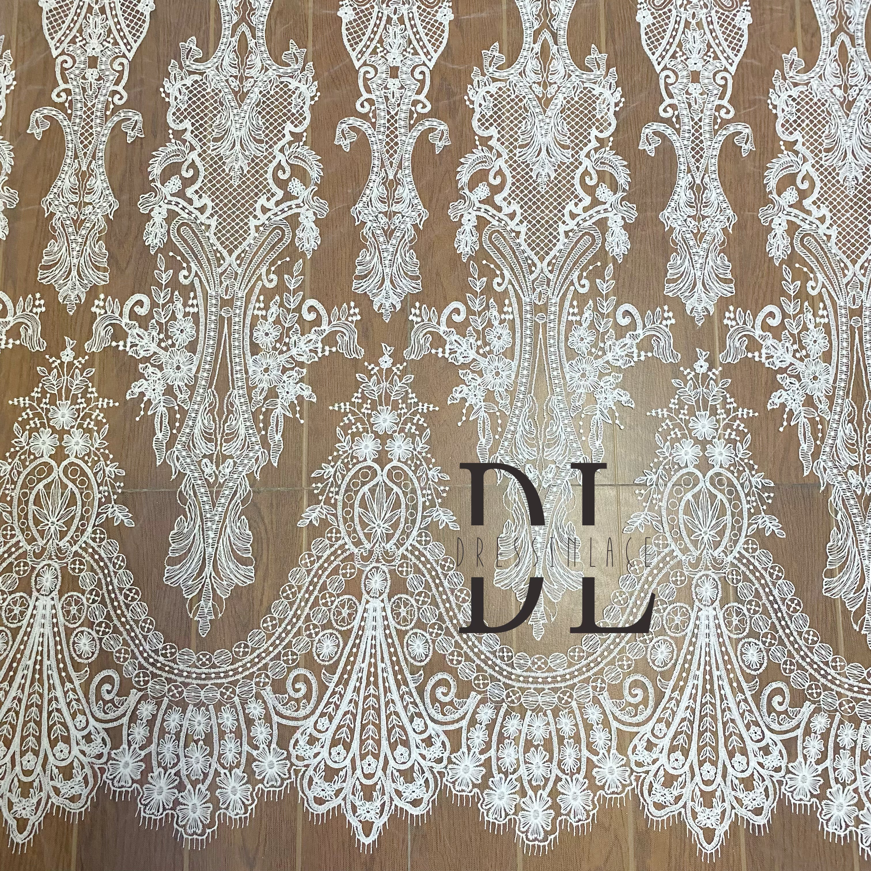 DL130139 Exquisite Classical Embroidered Lace Fabric with Wave Edge - Polyester Material For wedding dress