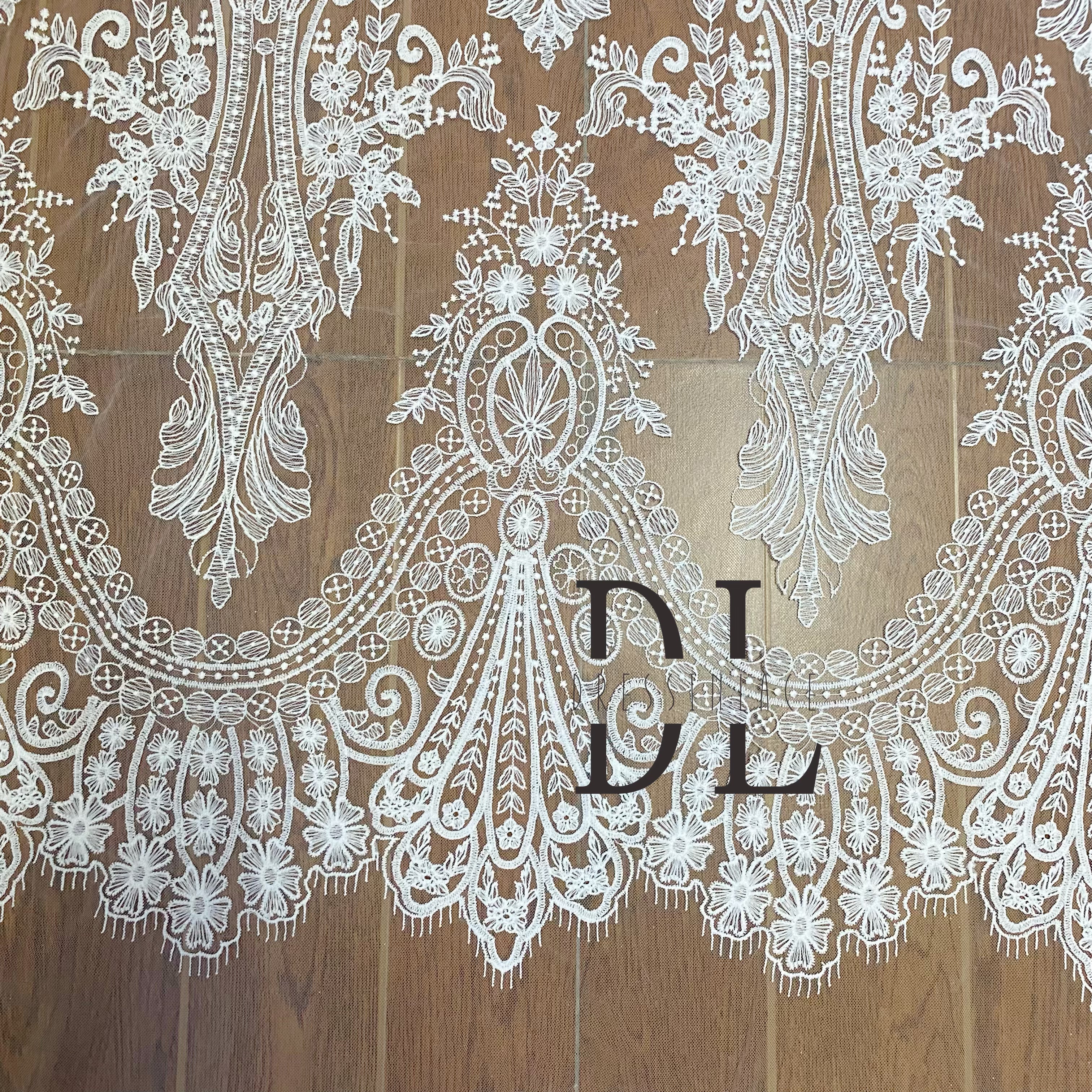 DL130139 Exquisite Classical Embroidered Lace Fabric with Wave Edge - Polyester Material For wedding dress