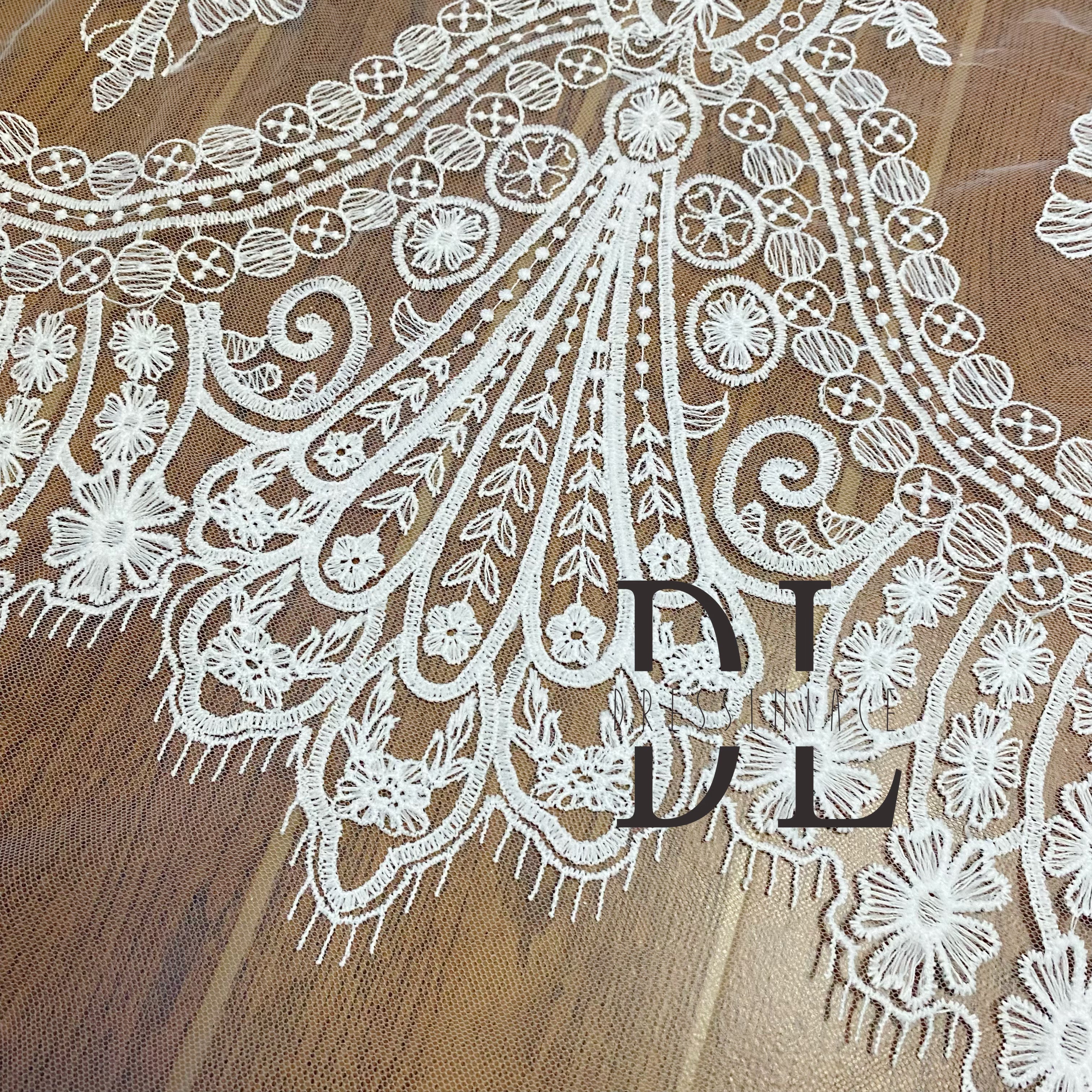 DL130139 Exquisite Classical Embroidered Lace Fabric with Wave Edge - Polyester Material For wedding dress